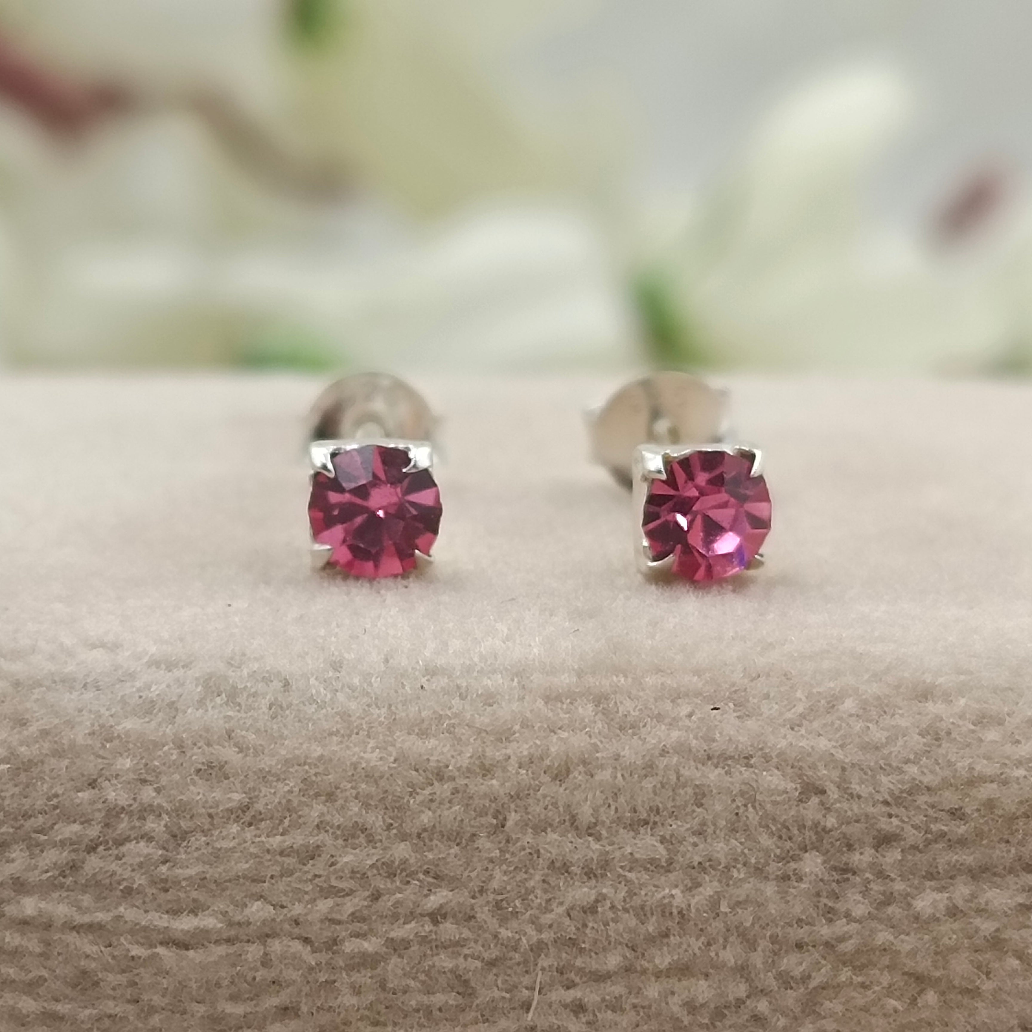 925 Sterling Silver October Mini Birthstone Cubic Zirconia Pink Studs Earrings Dainty Minimalist Handmade Birthday Gift Studs with Pushback