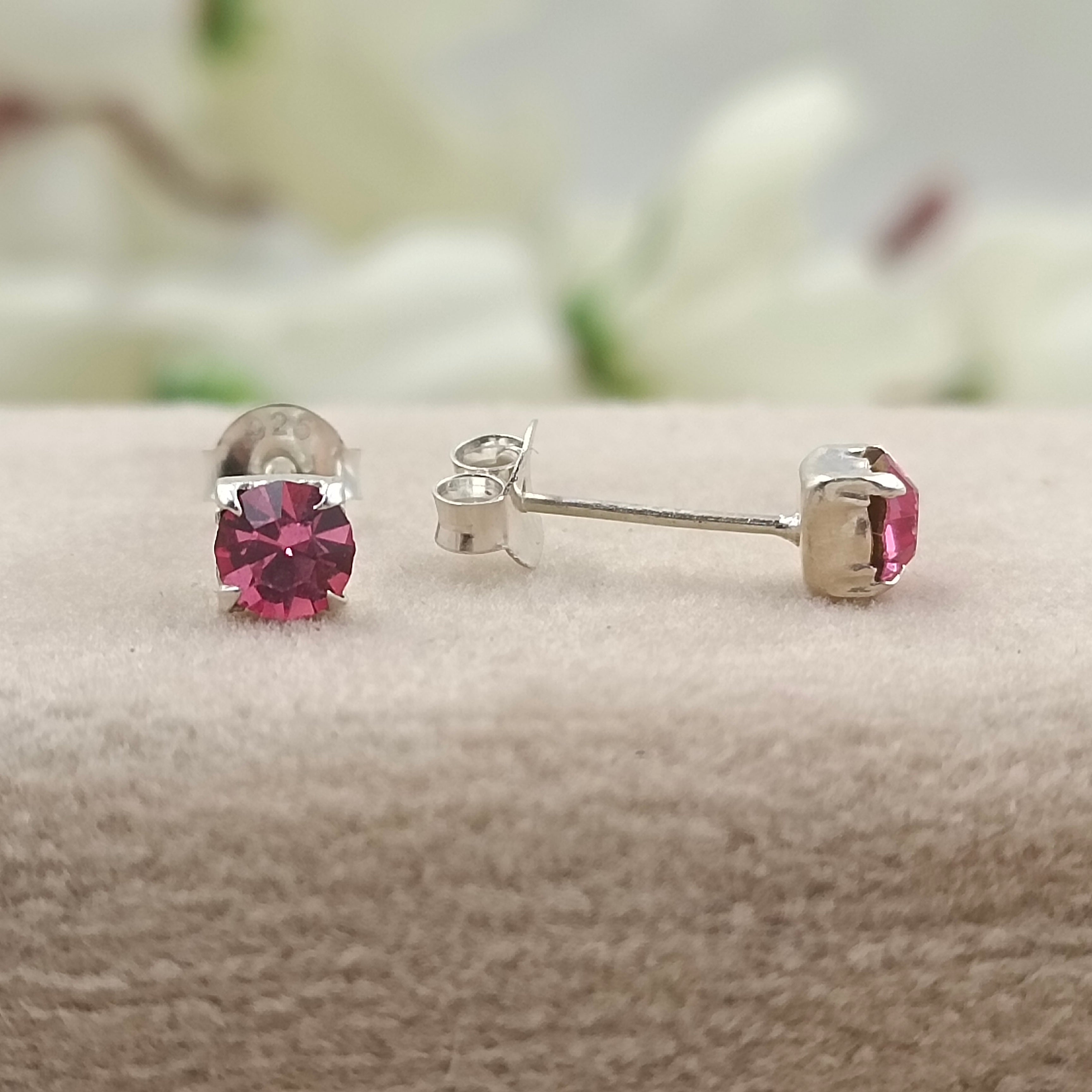 925 Sterling Silver October Mini Birthstone Cubic Zirconia Pink Studs Earrings Dainty Minimalist Handmade Birthday Gift Studs with Pushback