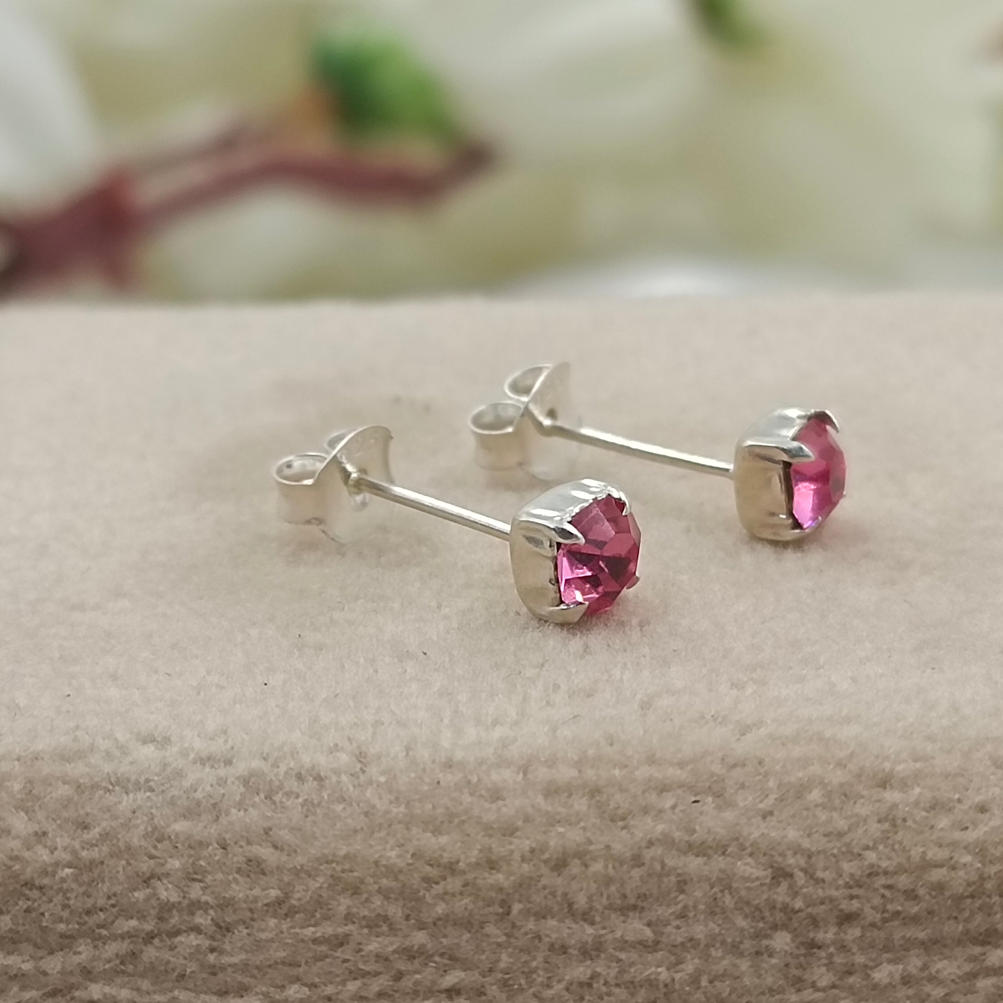 925 Sterling Silver October Mini Birthstone Cubic Zirconia Pink Studs Earrings Dainty Minimalist Handmade Birthday Gift Studs with Pushback