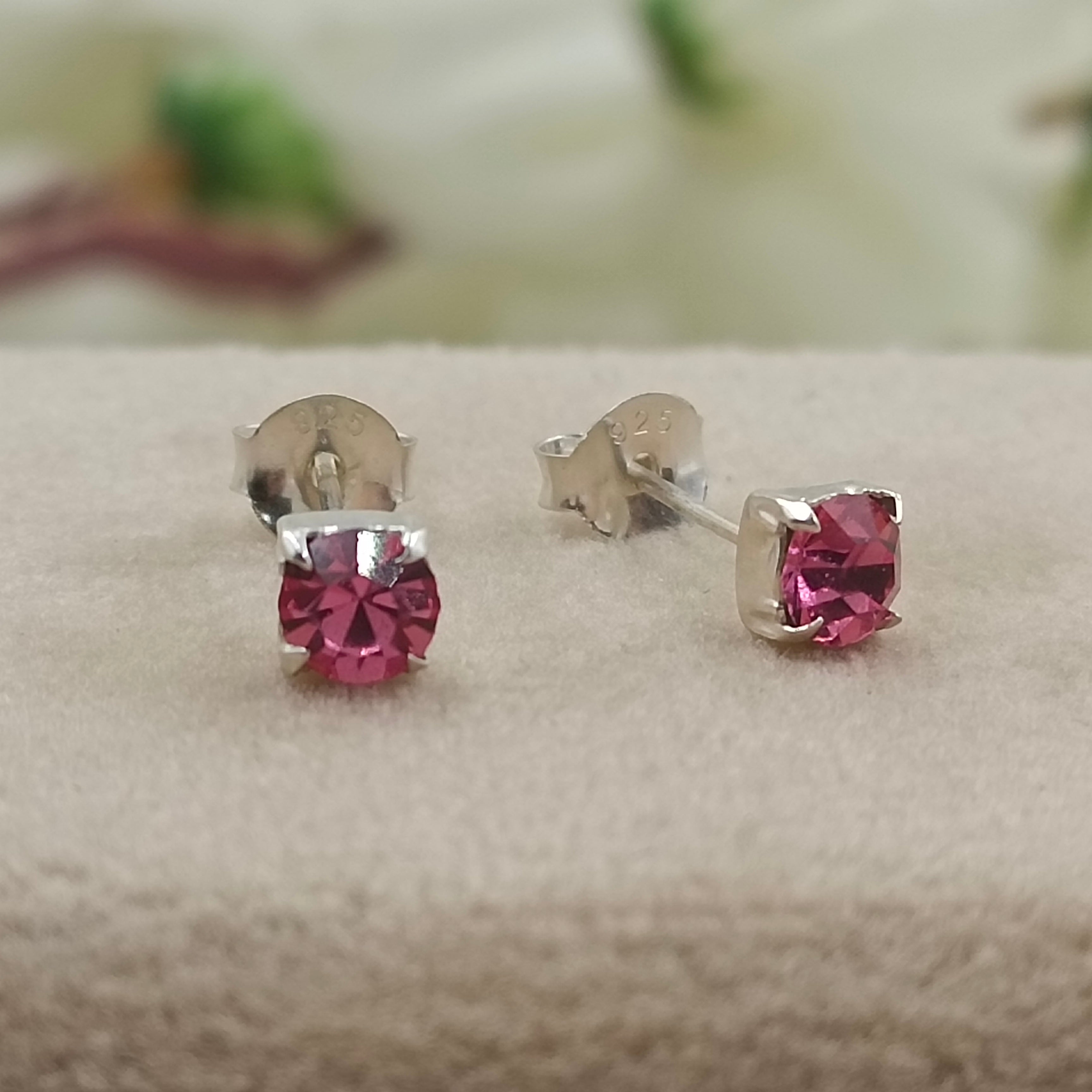 925 Sterling Silver October Mini Birthstone Cubic Zirconia Pink Studs Earrings Dainty Minimalist Handmade Birthday Gift Studs with Pushback