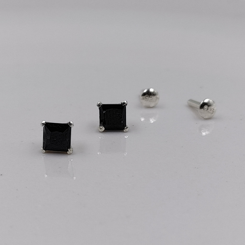 Black Stud Princess Cubic Zirconia Earrings Minimalist Handmade Cute Gift Studs with Ballback 925 Silver Gift for him Black love