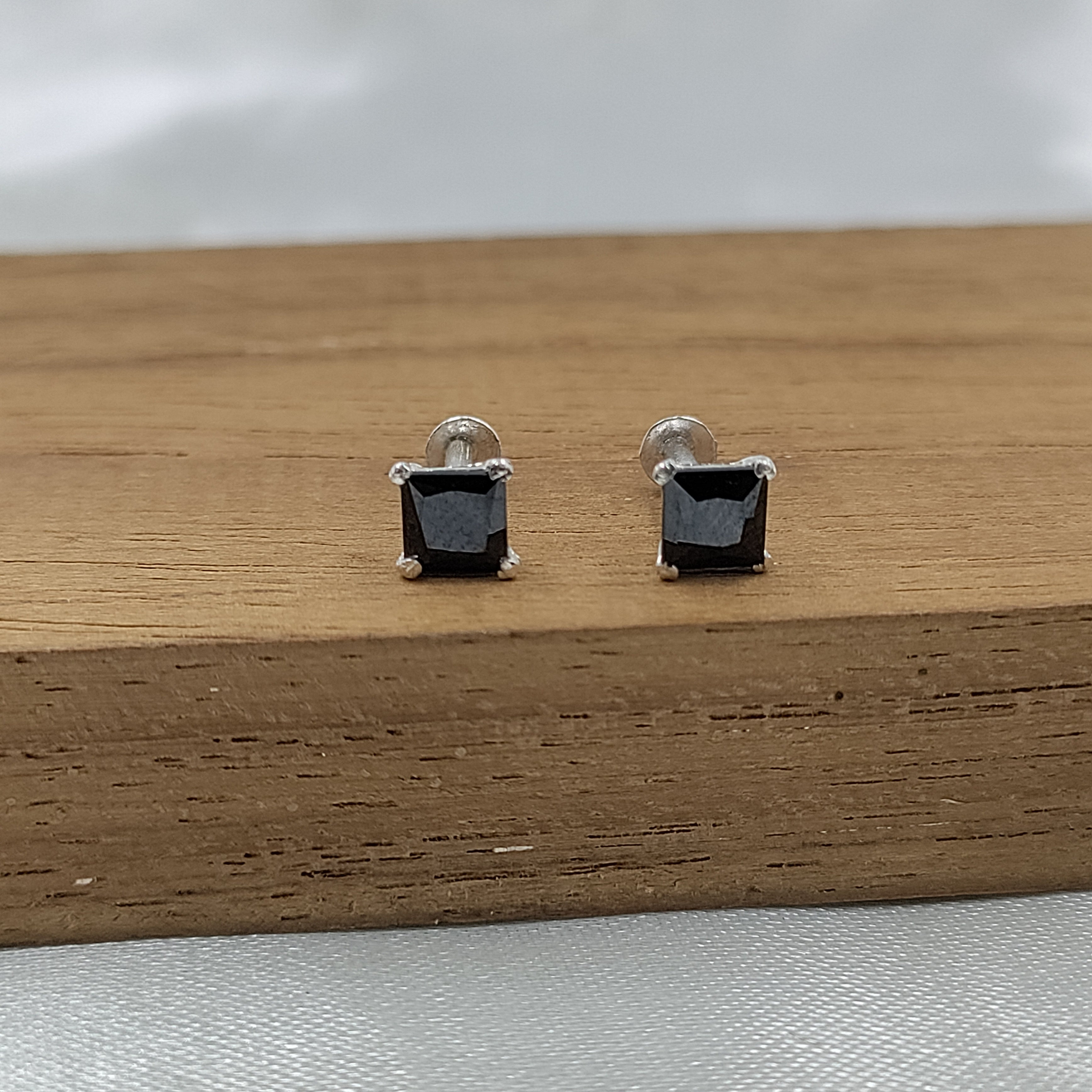 Black Stud Princess Cubic Zirconia Earrings Handmade Cute Gift Studs with Ball back 925 Silver Gift for him Black love