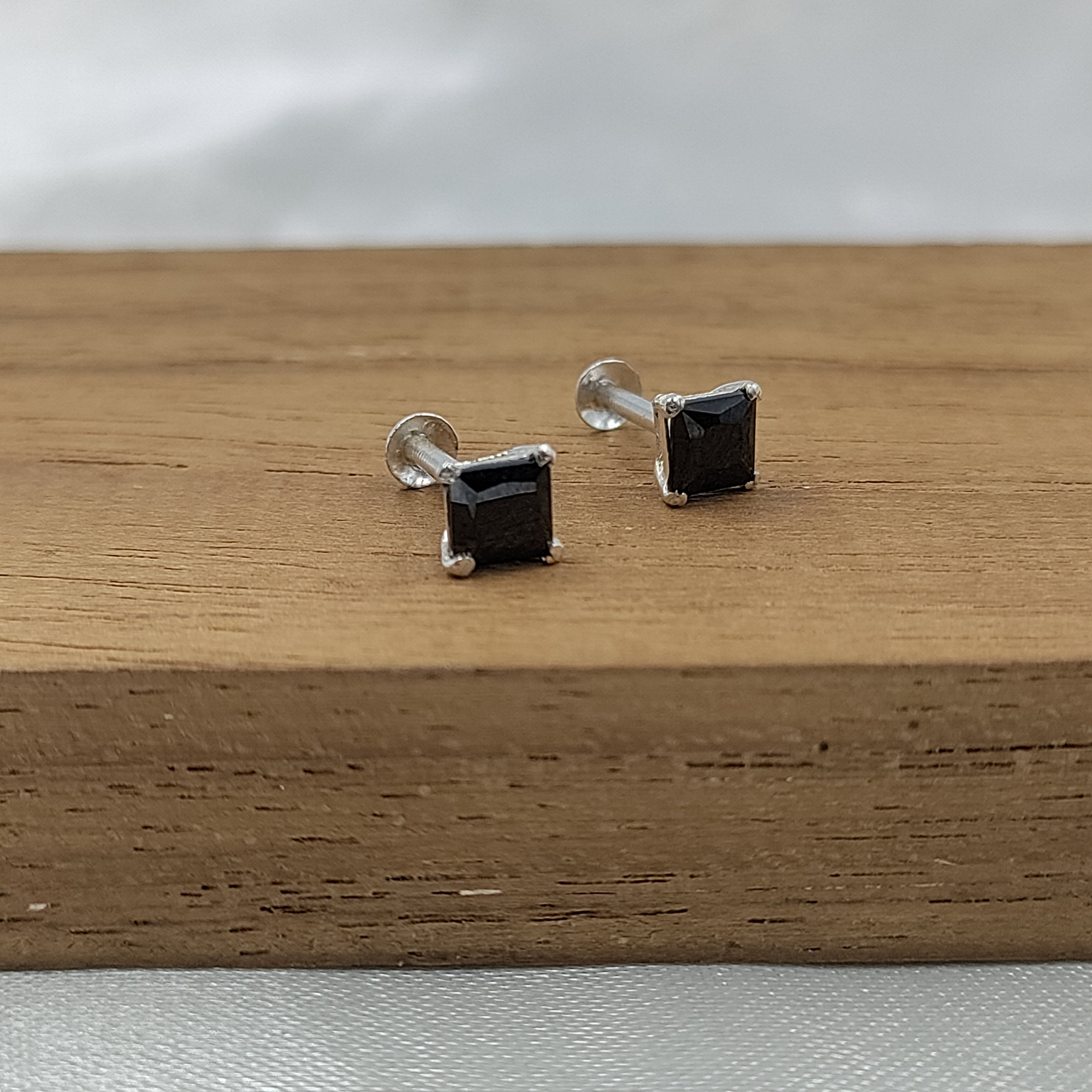 Black Stud Princess Cubic Zirconia Earrings Handmade Cute Gift Studs with Ball back 925 Silver Gift for him Black love