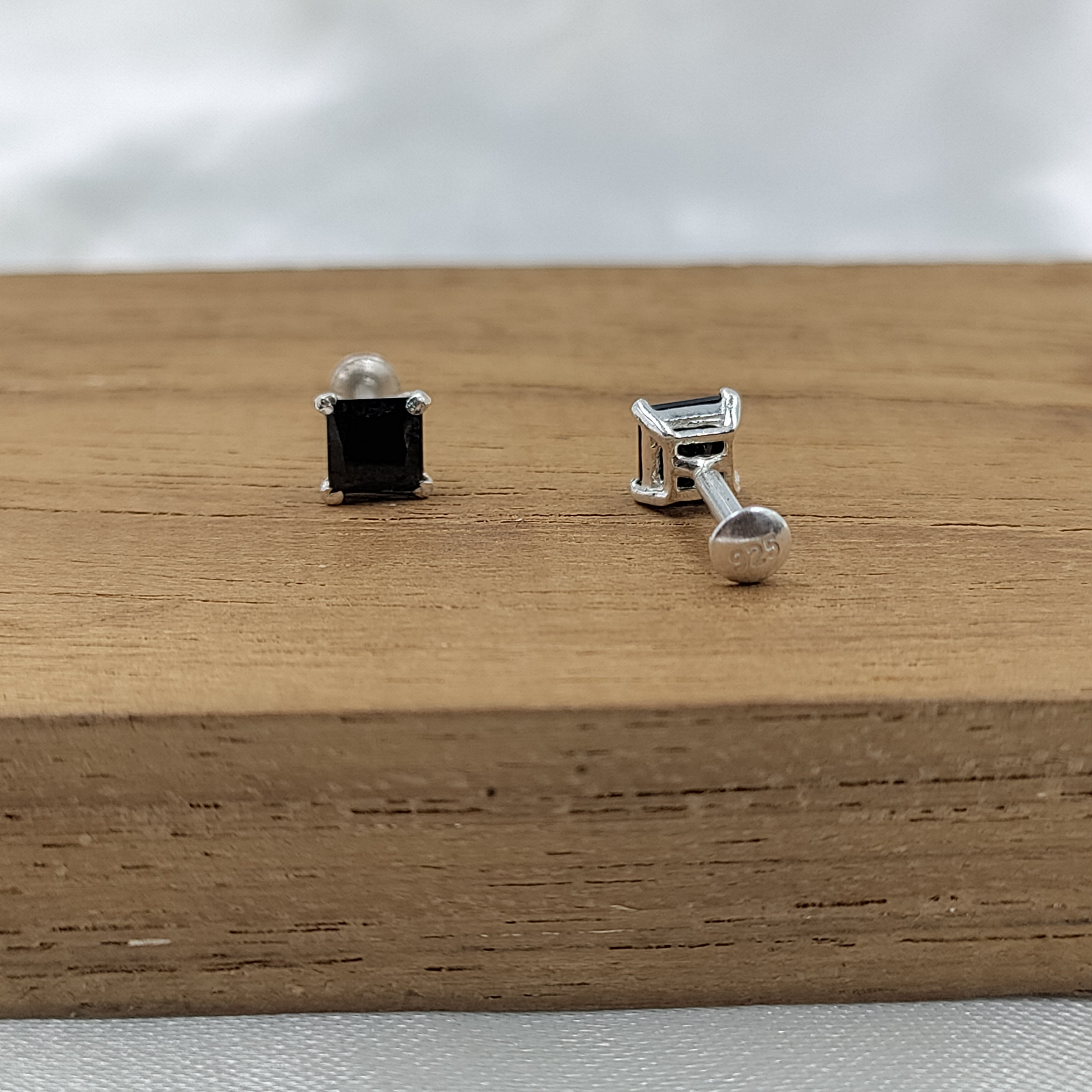 Black Stud Princess Cubic Zirconia Earrings Handmade Cute Gift Studs with Ball back 925 Silver Gift for him Black love