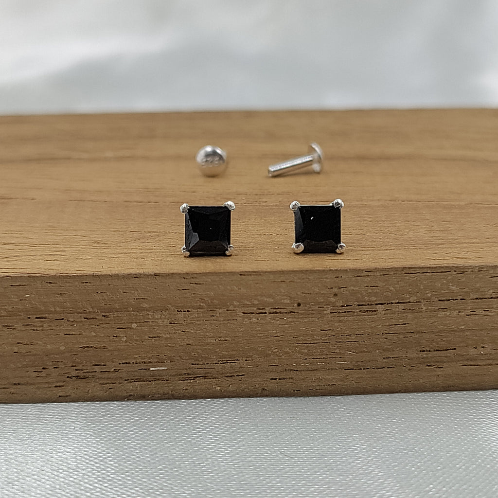 Black Stud Princess Cubic Zirconia Earrings Minimalist Handmade Cute Gift Studs with Ballback 925 Silver Gift for him Black love