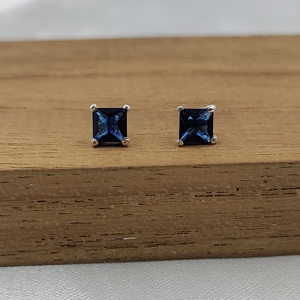 Blue Sapphire Stud Earring Princess Cute 925 Sterling Sivler Stud Earrings Cubic Zirconia Minimalist Handmade Stud with Ballback