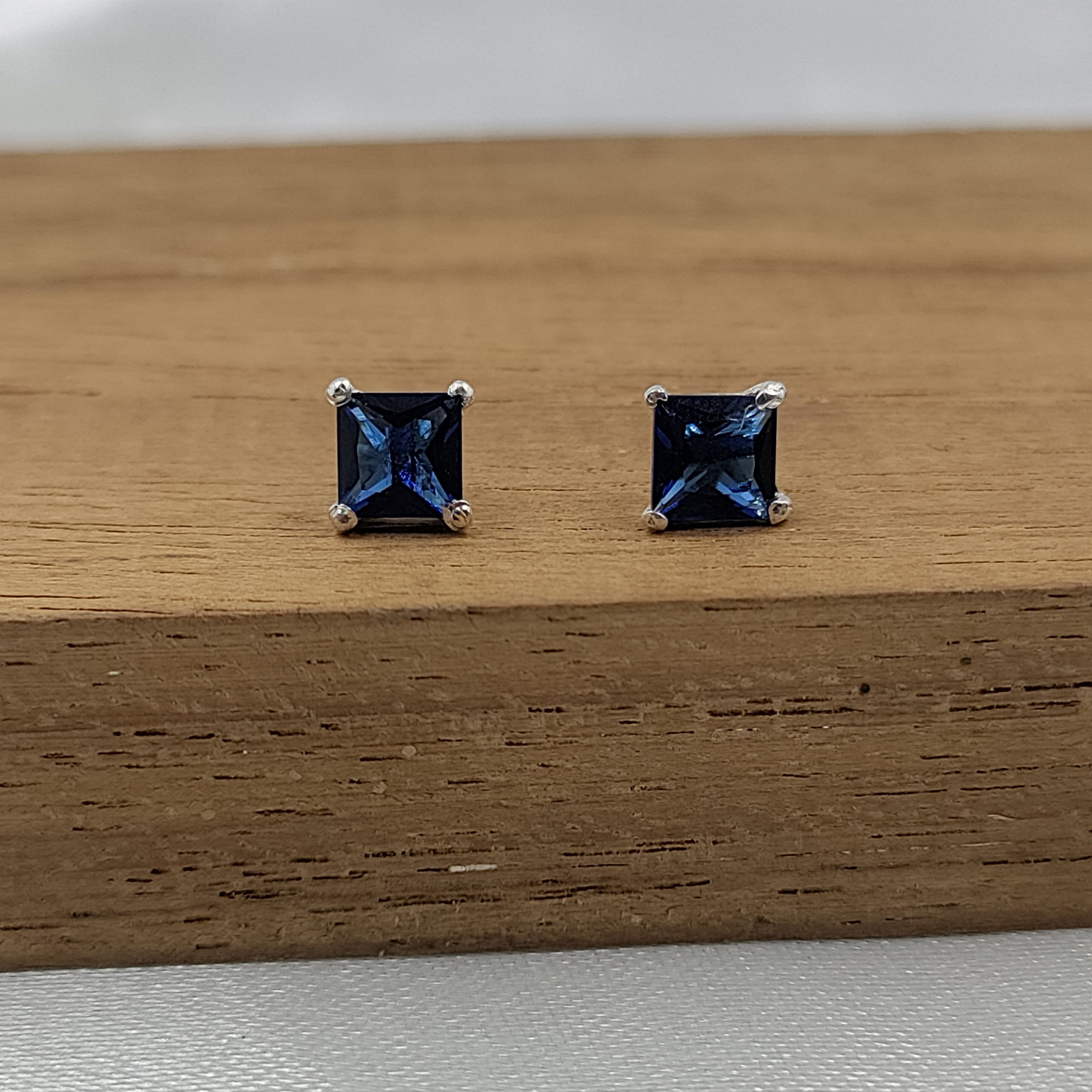 Blue Sapphire Stud Earring Princess Cut 925 Sterling Silver Stud Earrings