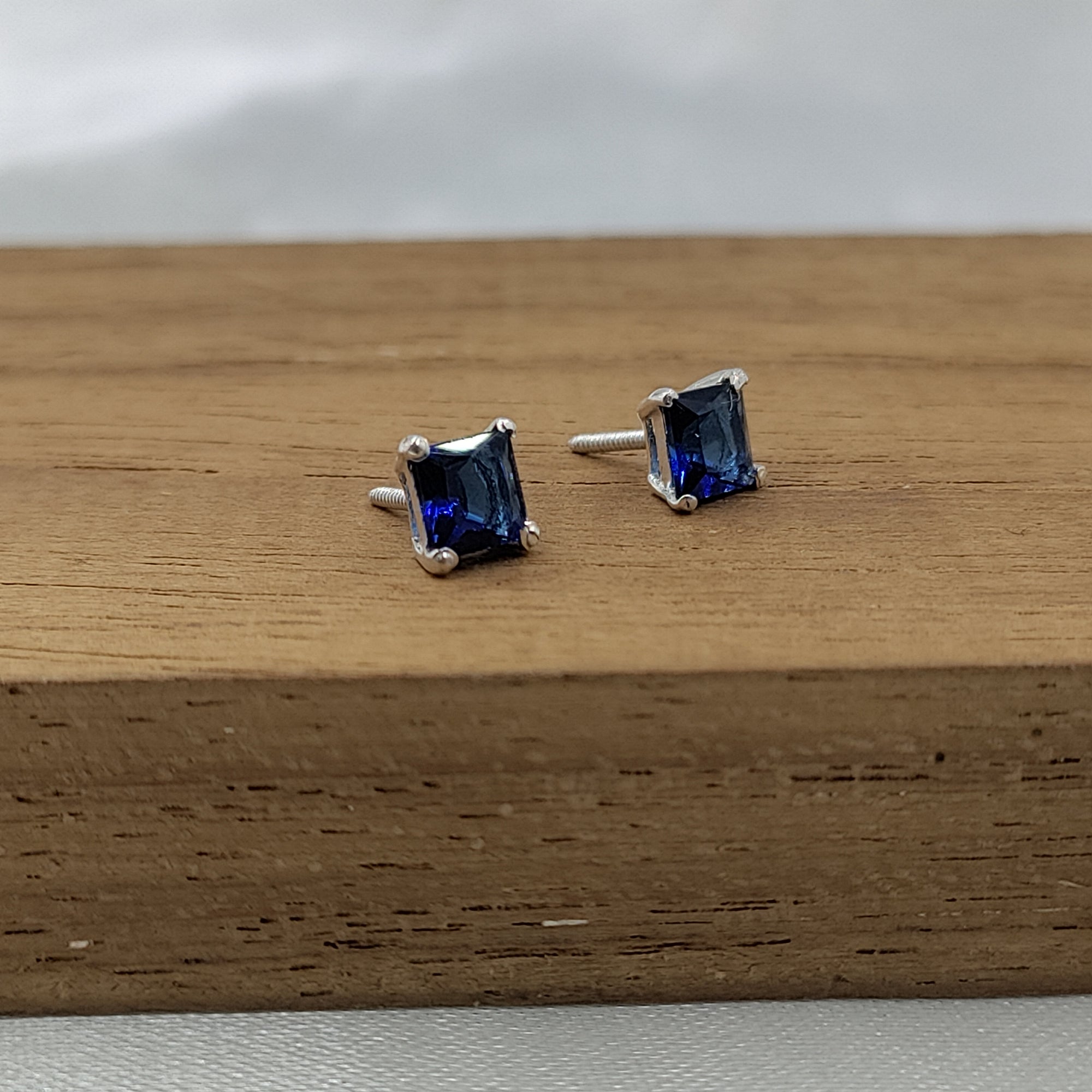 Blue Sapphire Stud Earring Princess Cute 925 Sterling Sivler Stud Earrings Cubic Zirconia Minimalist Handmade Stud with Ballback