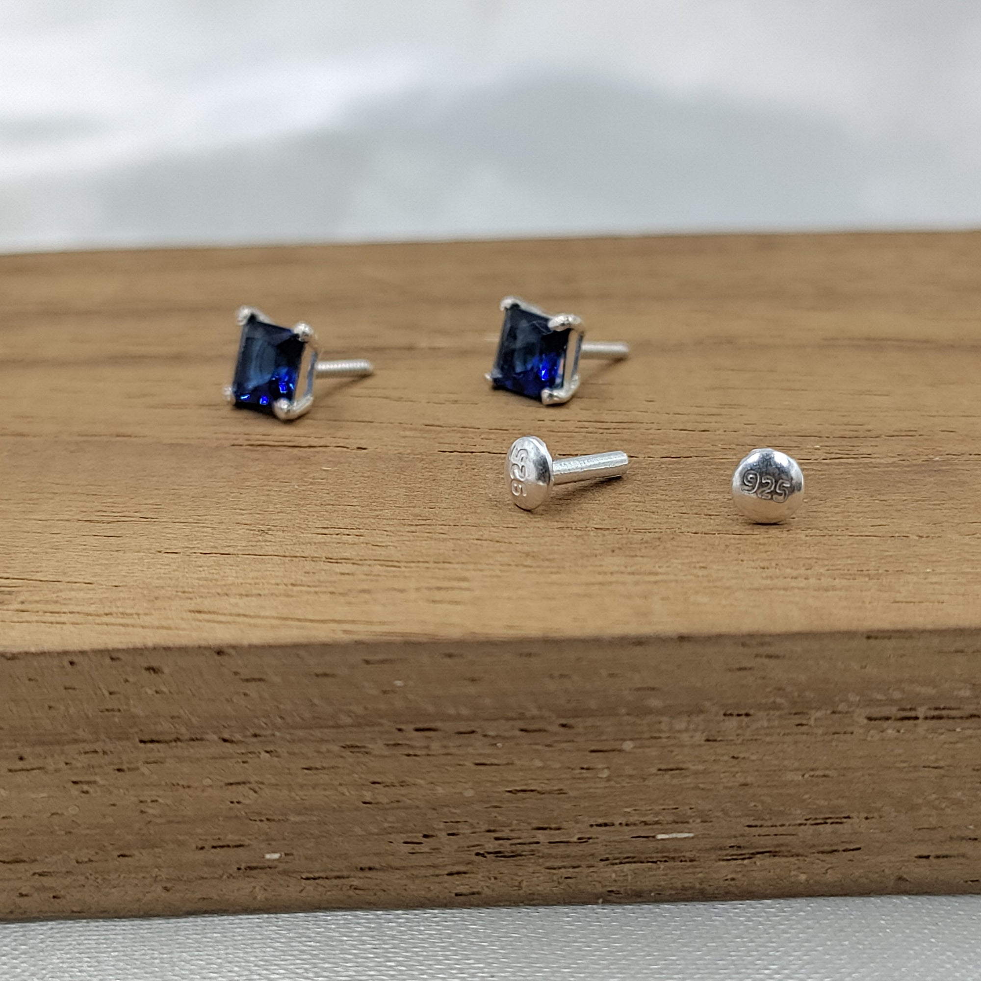 Blue Sapphire Stud Earring Princess Cute 925 Sterling Sivler Stud Earrings Cubic Zirconia Minimalist Handmade Stud with Ballback