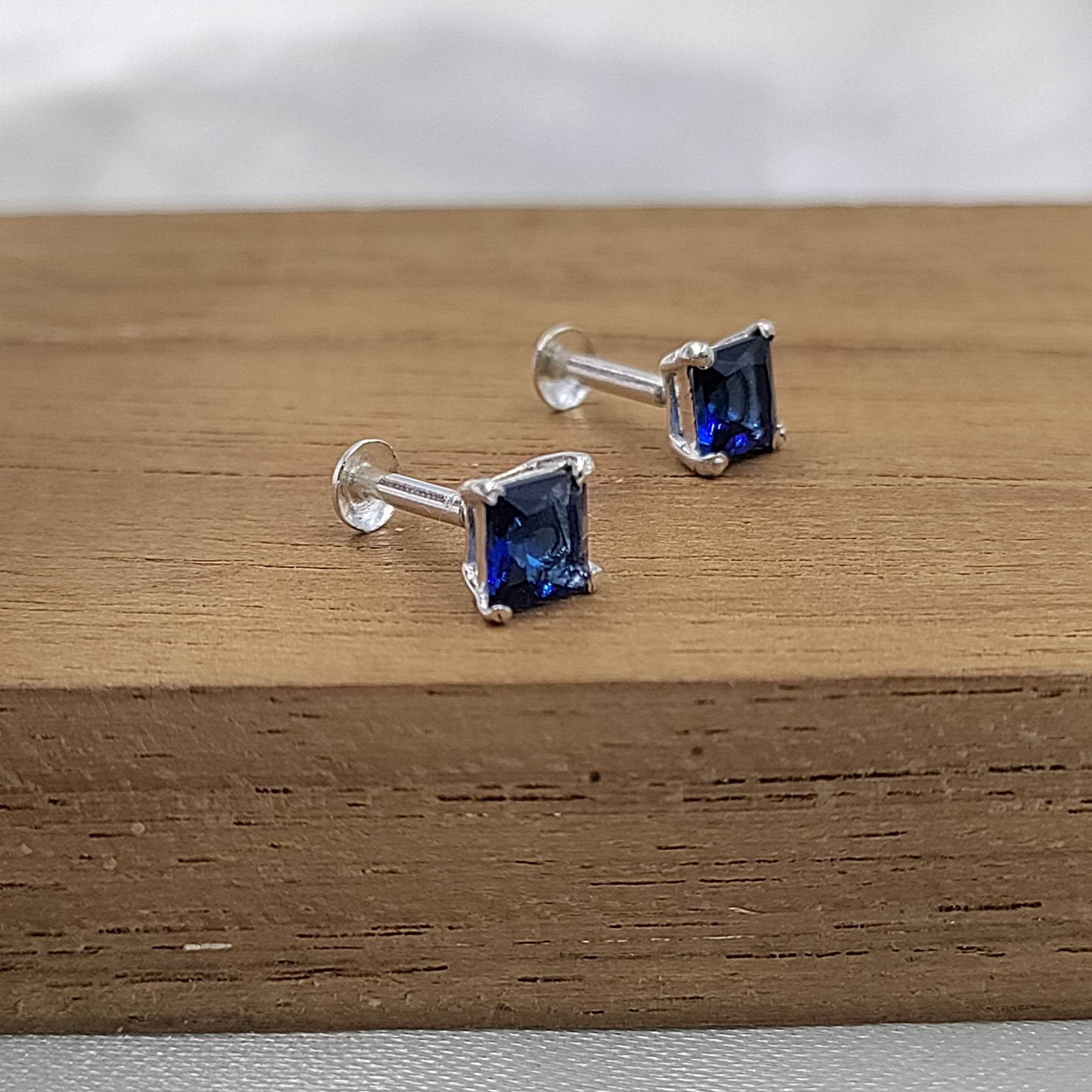 Blue Sapphire Stud Earring Princess Cute 925 Sterling Sivler Stud Earrings Cubic Zirconia Minimalist Handmade Stud with Ballback