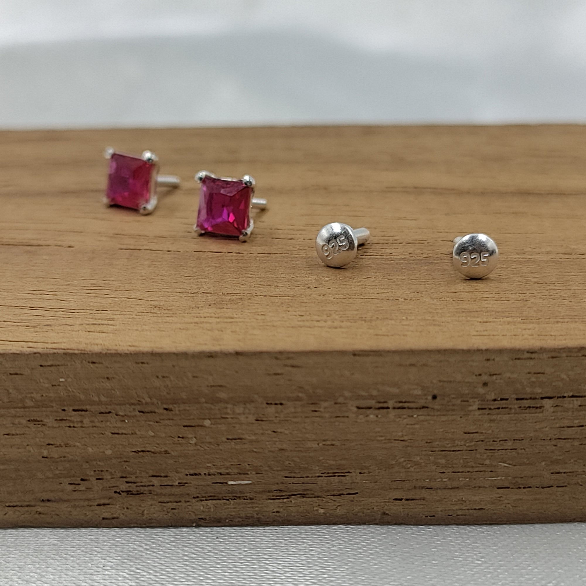 Pink Ruby Earring Princess Cute 925 Sterling Sivler Stud Earrings Cubic Zirconia Minimalist Handmade Stud with Ballback