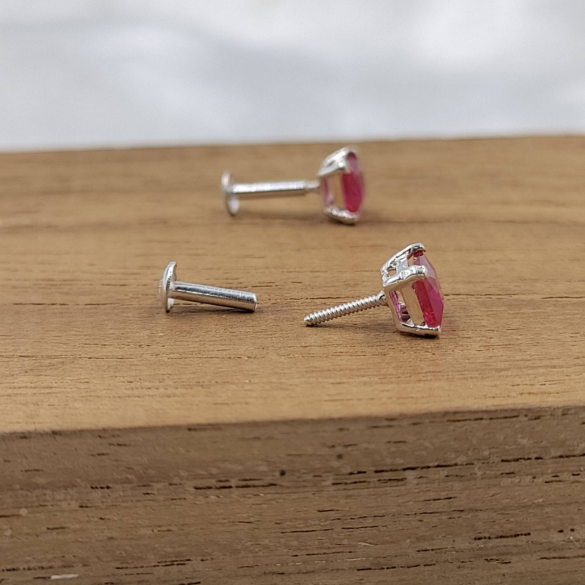 Pink Ruby Earring Princess Cute 925 Sterling Sivler Stud Earrings Cubic Zirconia Minimalist Handmade Stud with Ballback