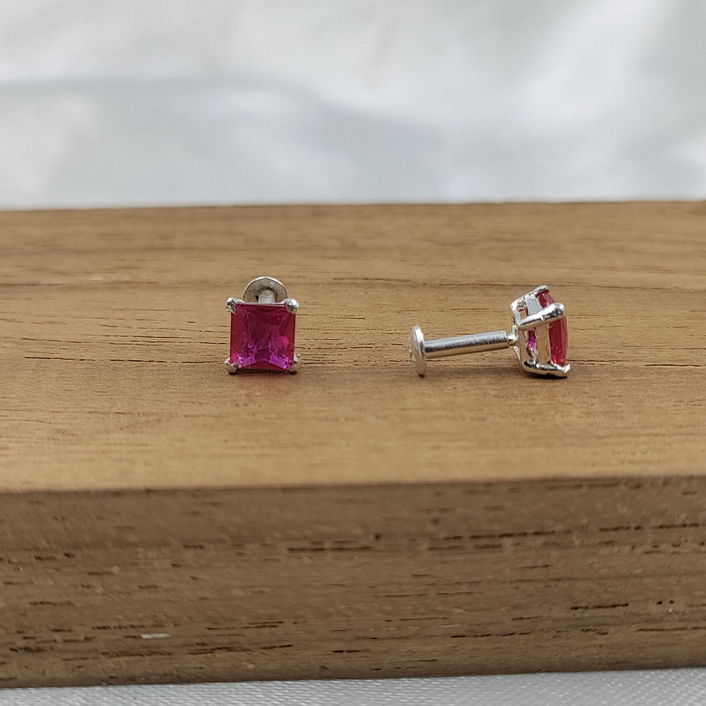 Pink Ruby Earring Princess Cute 925 Sterling Sivler Stud Earrings Cubic Zirconia Minimalist Handmade Stud with Ballback