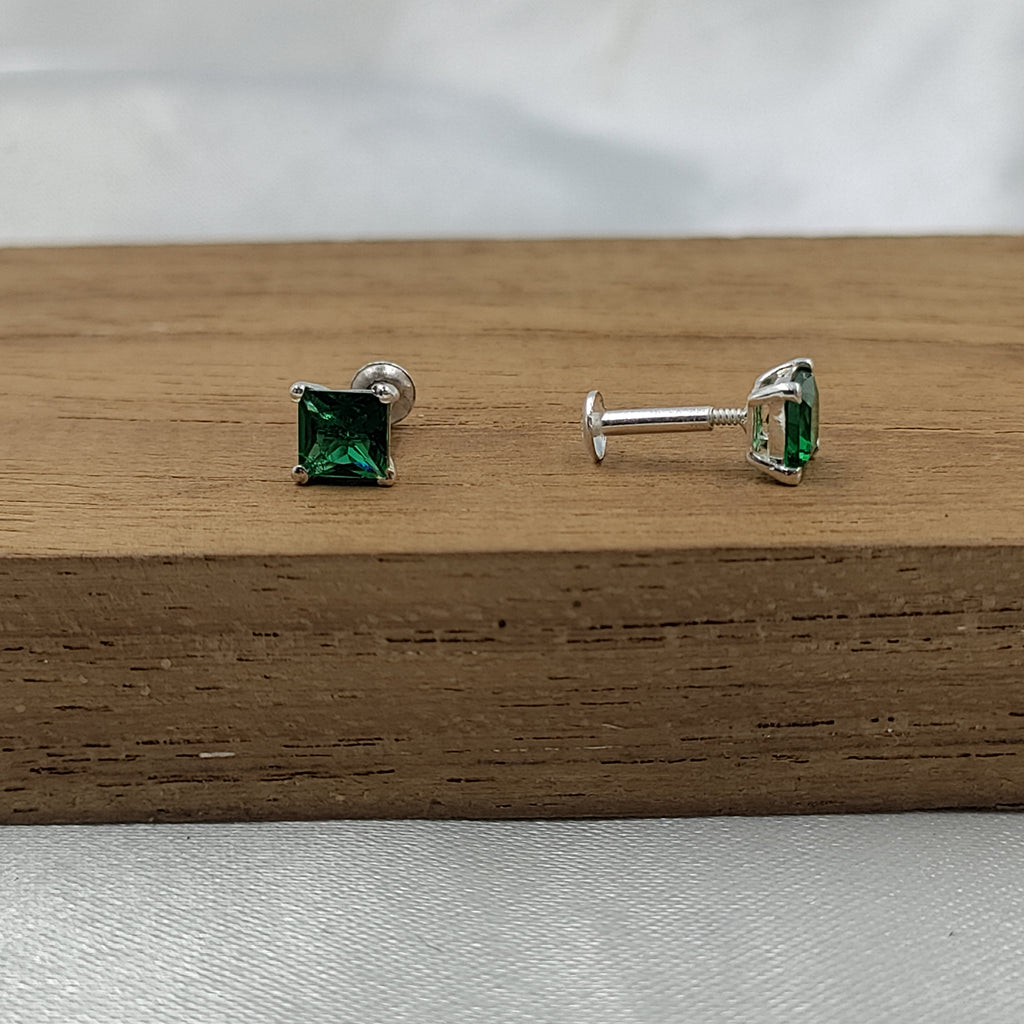 Green Emerald Earring Princess Cute 925 Sterling Sivler Stud May Birthstone Earrings Cubic Zirconia Minimalist Handmade Stud with Ballback