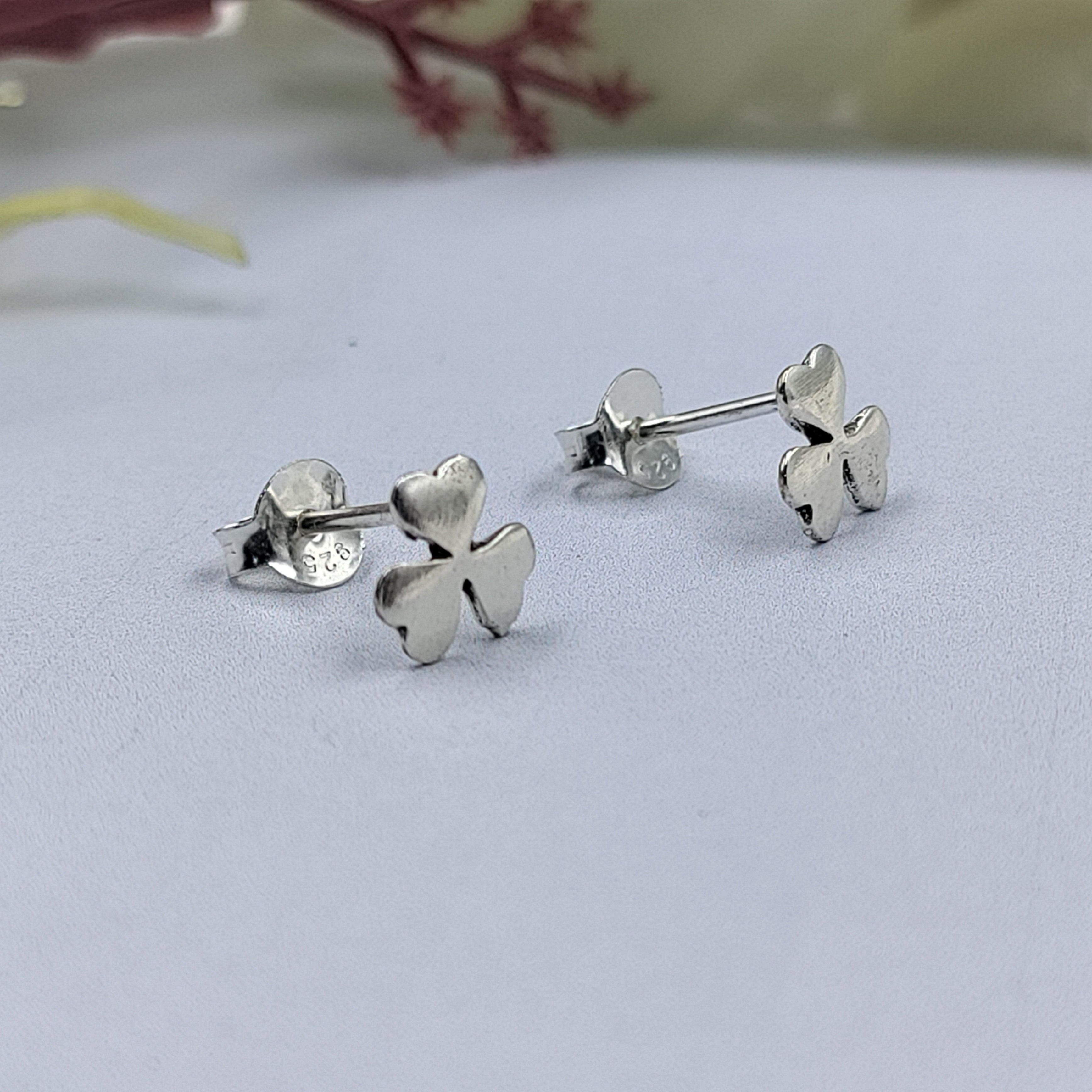 Silver Lucky Charm Studs 3 Leaf Clover Studs Clover Stud Clover Earring Flower Floral Cute Handmade Gift Stud with Pushback 925 Sterling