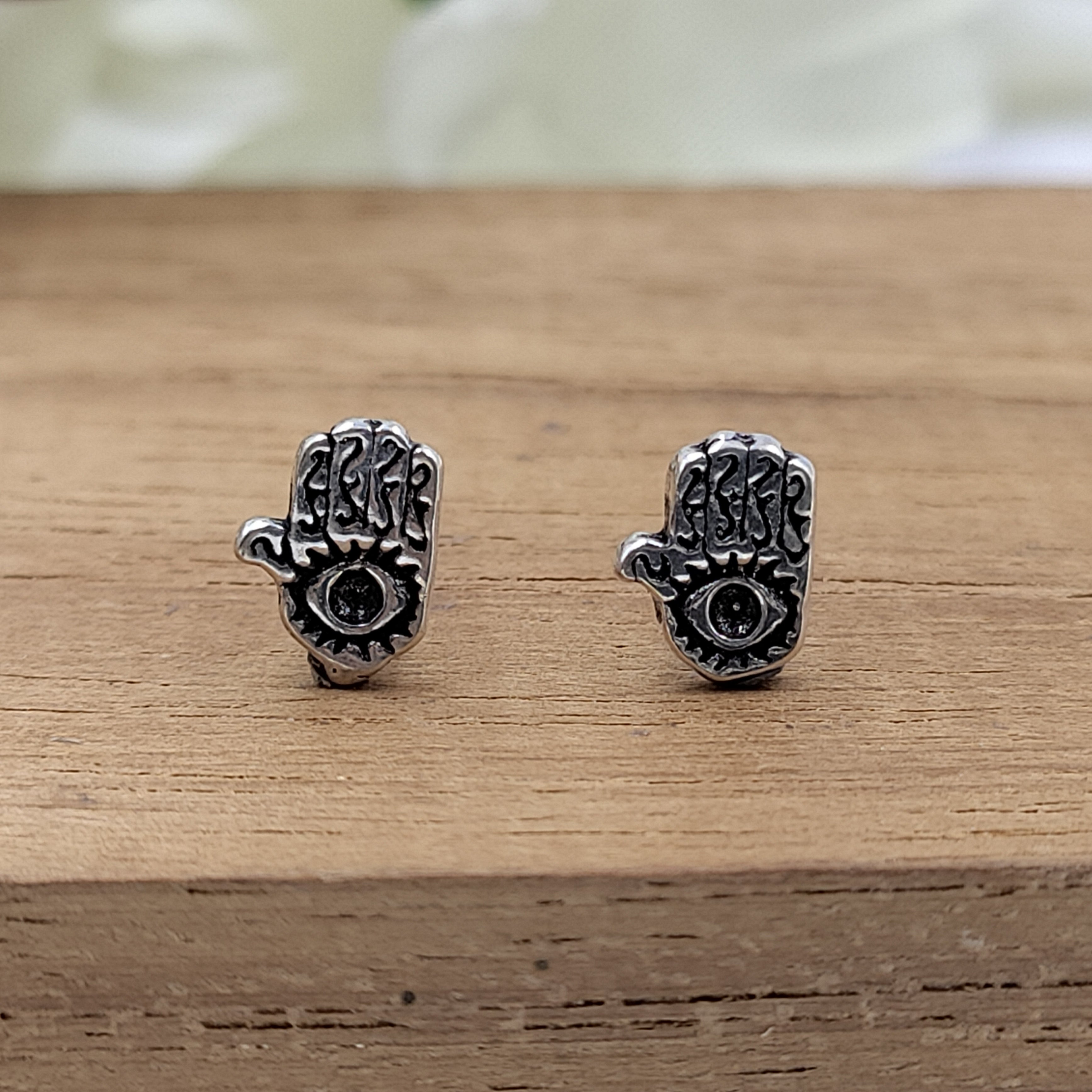 Silver Oxidised Fatima Hand Earring Evil Eye Hamsa stud Earring Hamsa Earring Stud Quirky Minimalist Handmade Stud Pushback 925 Sterling
