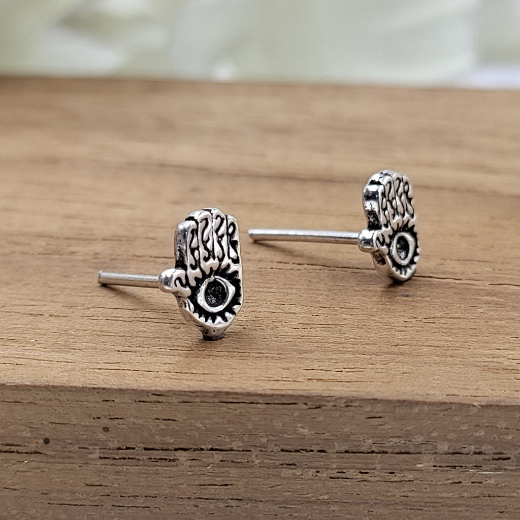 Silver Oxidised Fatima Hand Earring Evil Eye Hamsa stud Earring Hamsa Earring Stud Quirky Minimalist Handmade Stud Pushback 925 Sterling