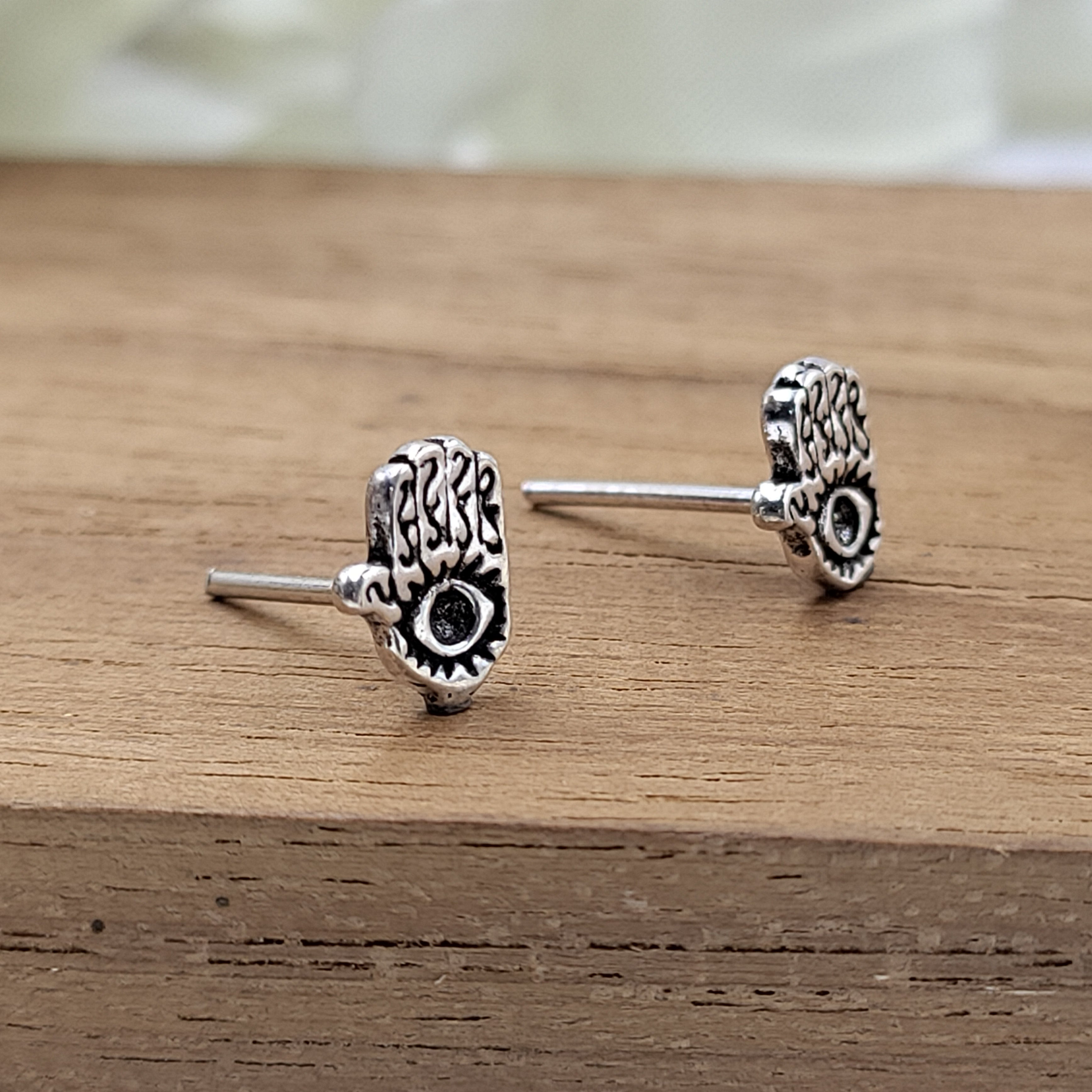 Silver Oxidised Fatima Hand Earring Evil Eye Hamsa stud Earring Hamsa Earring Stud Quirky Minimalist Handmade Stud Pushback 925 Sterling