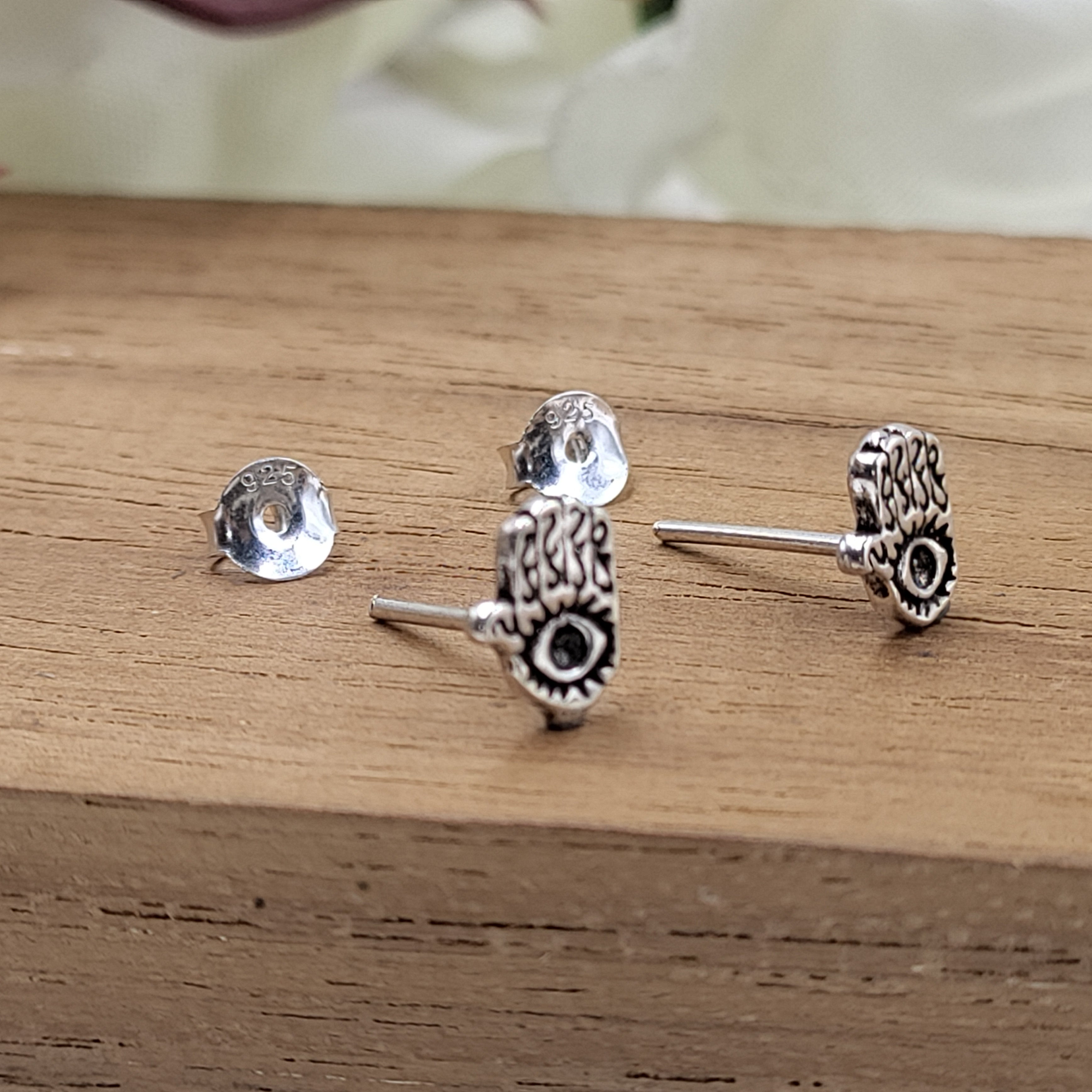 Silver Oxidised Fatima Hand Earring Evil Eye Hamsa stud Earring Hamsa Earring Stud Quirky Minimalist Handmade Stud Pushback 925 Sterling