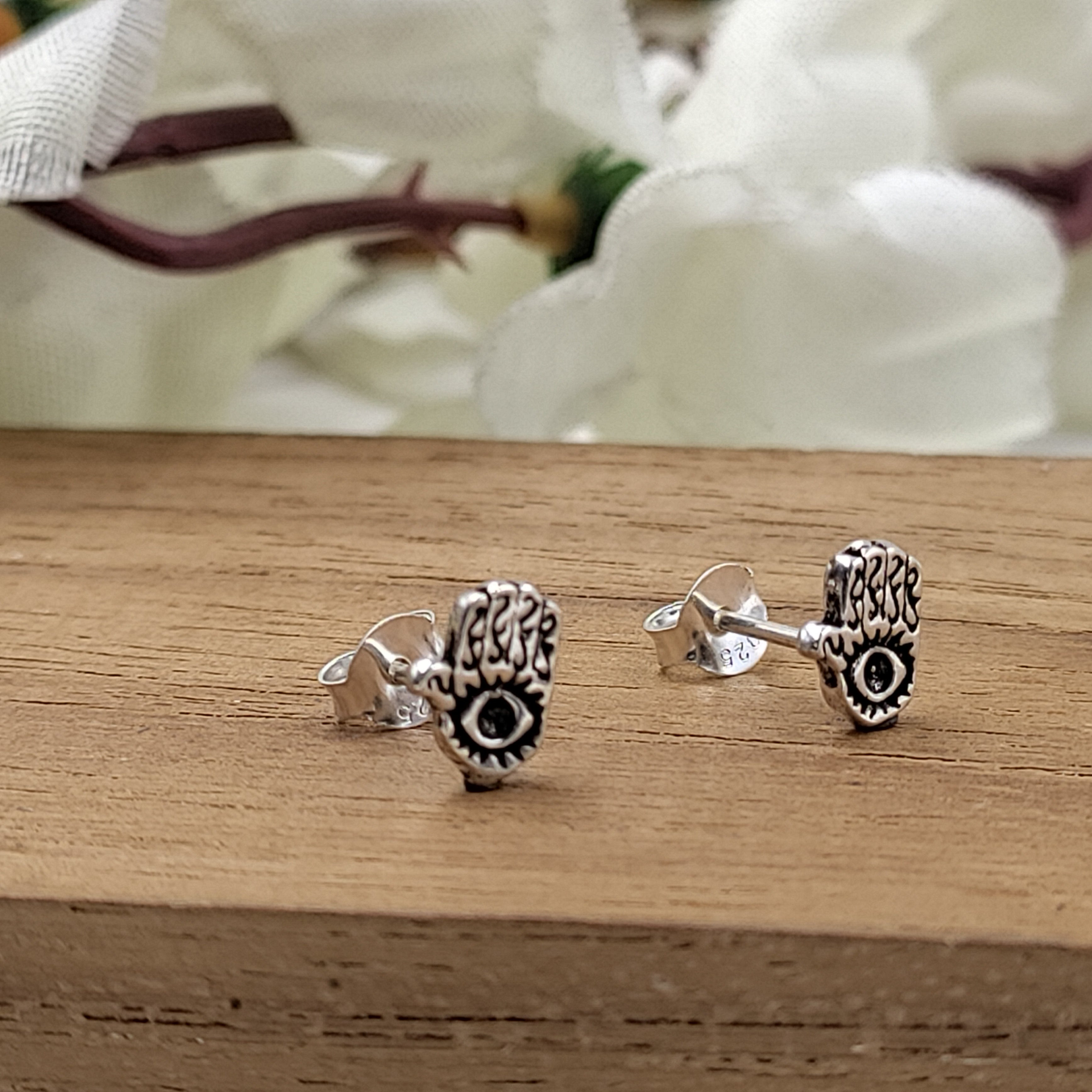 Silver Oxidised Fatima Hand Earring Evil Eye Hamsa stud Earring Hamsa Earring Stud Quirky Minimalist Handmade Stud Pushback 925 Sterling