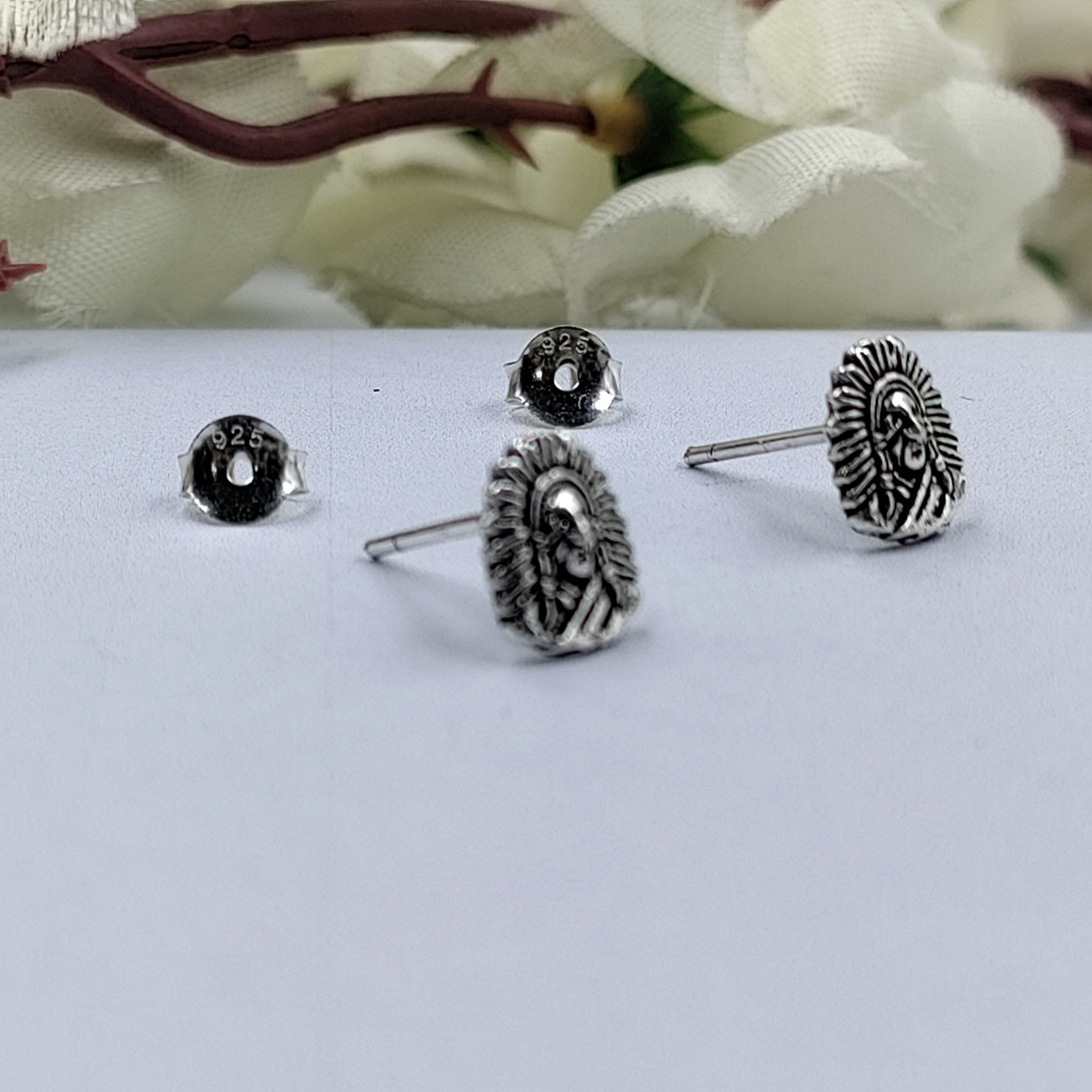 Silver Oxidised Vintage Jewel Art Push Back Stud Earring African Indian native Stud Jewelry Handmade Antique Gift for men 925 Sterling