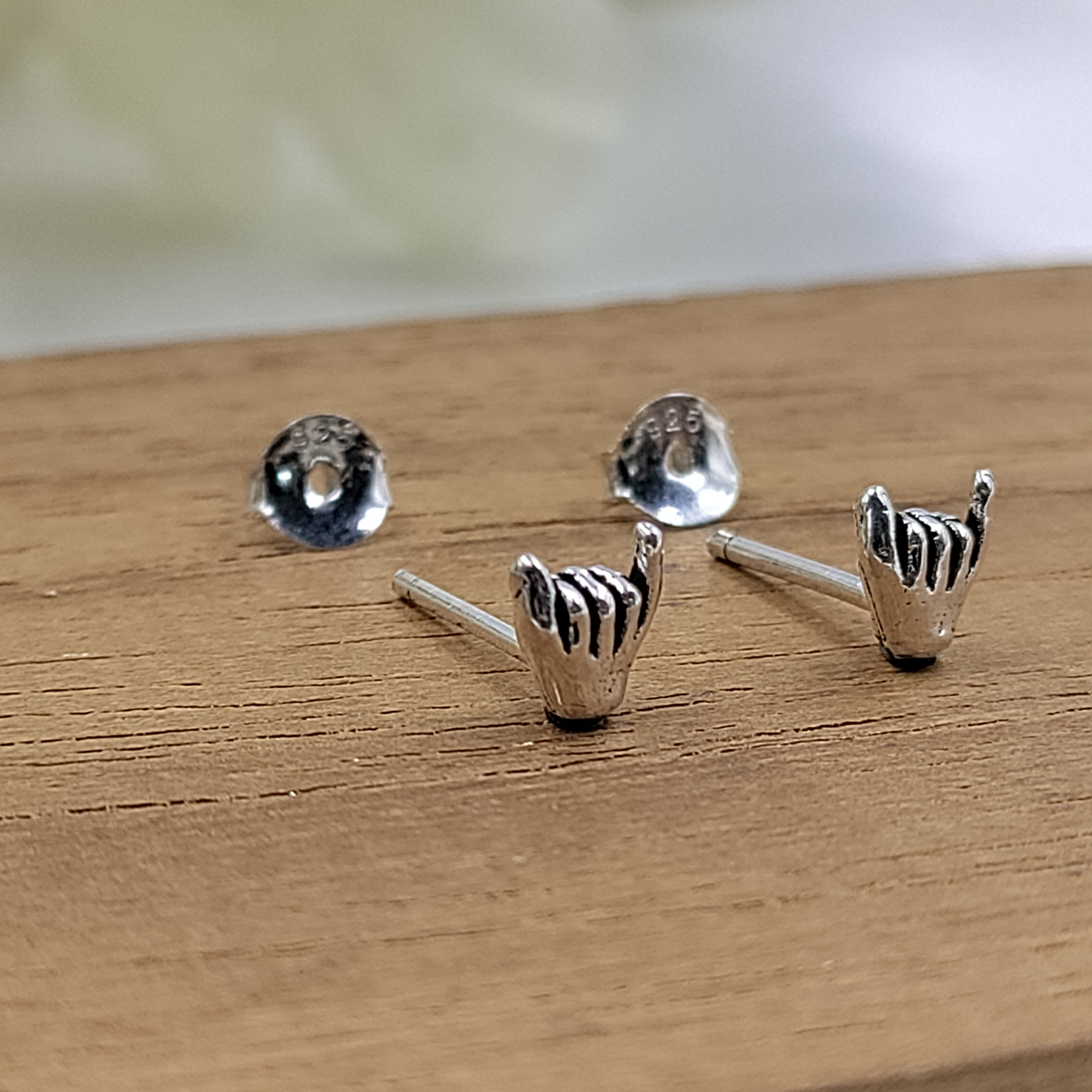 I Love You Sign Stud Earring Shaka Earring Hand Sign Jewelry Minimalist Handmade Gift For Girlfriend Boyfriend Stud Pushback 925 Sterling