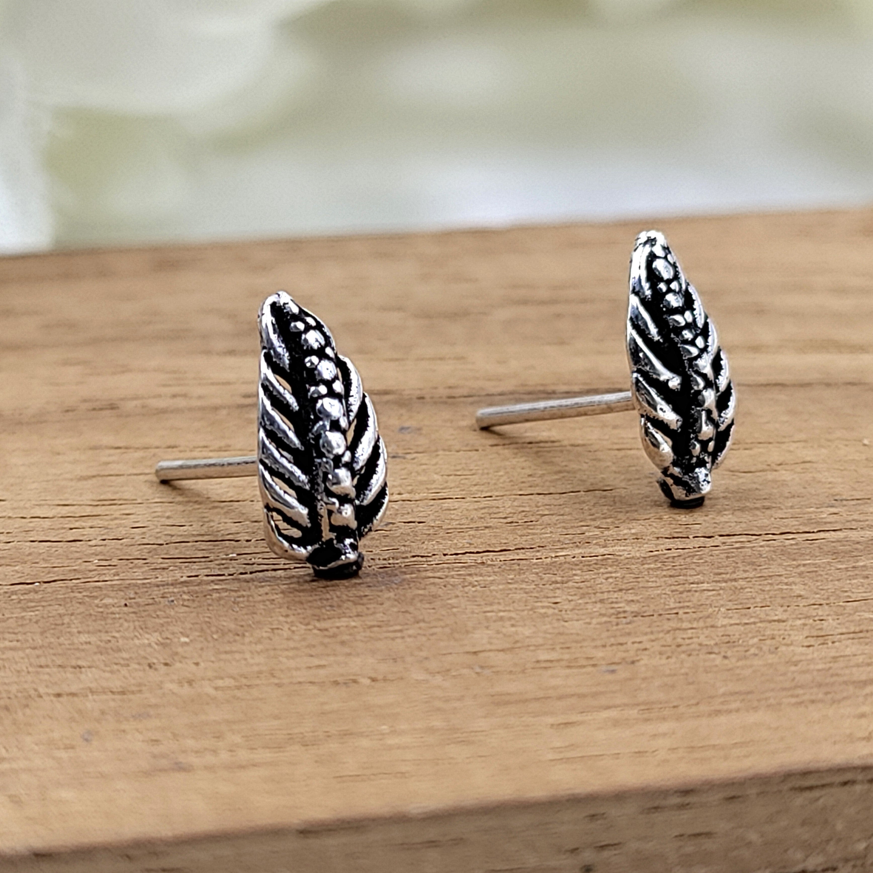 Silver Oxidised Boho Dainty Leaf Studs Earrings Minimalist Nature stud Earrinngs Handmade Gift Studs with Pushback 925 Sterling