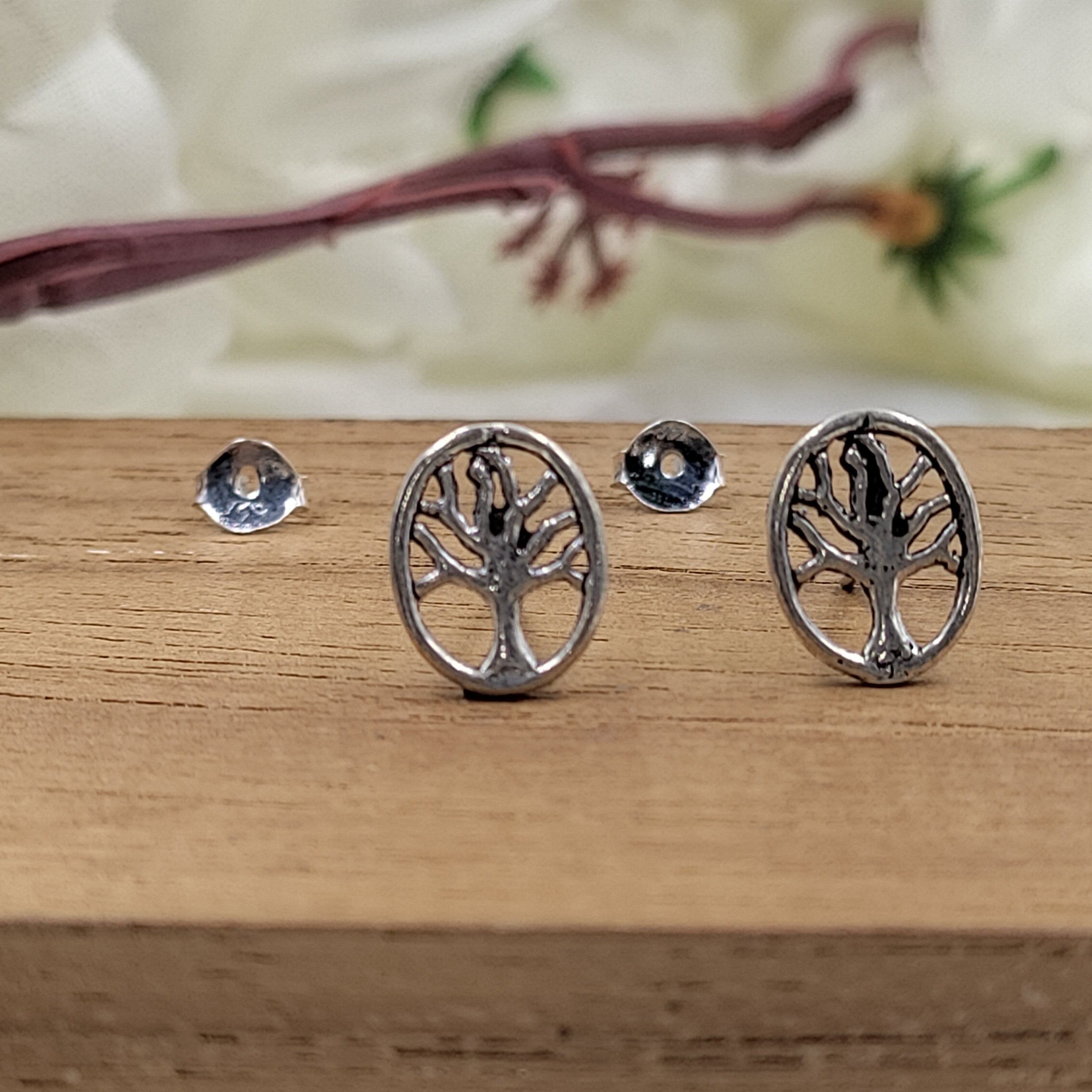 Silver Oxidised Good Luck Tree Stud Earrings Lucky Charm Gift Tree of Life Stud Earring Minimalist Handmade Stud with Pushback 925 Sterling