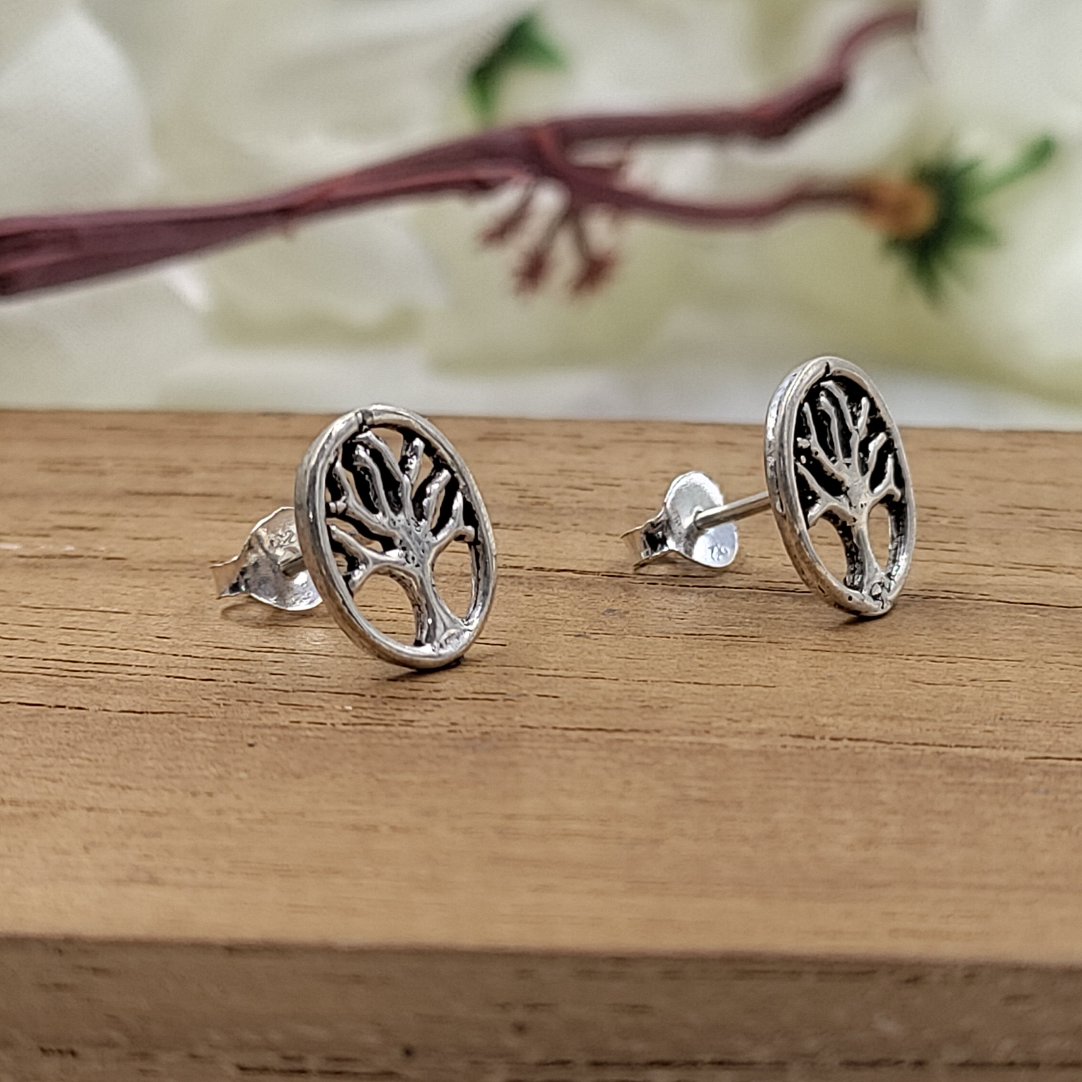 Silver Oxidized Good Luck Tree Stud Earrings 925 Sterling Silver