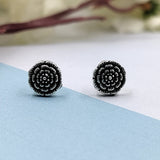 Silver Oxidised Vintage Antique Black Polished Silver Flower Stud Earring Floral Jewelry Handmade Pushback Stud 925 Sterling Gift For Mother