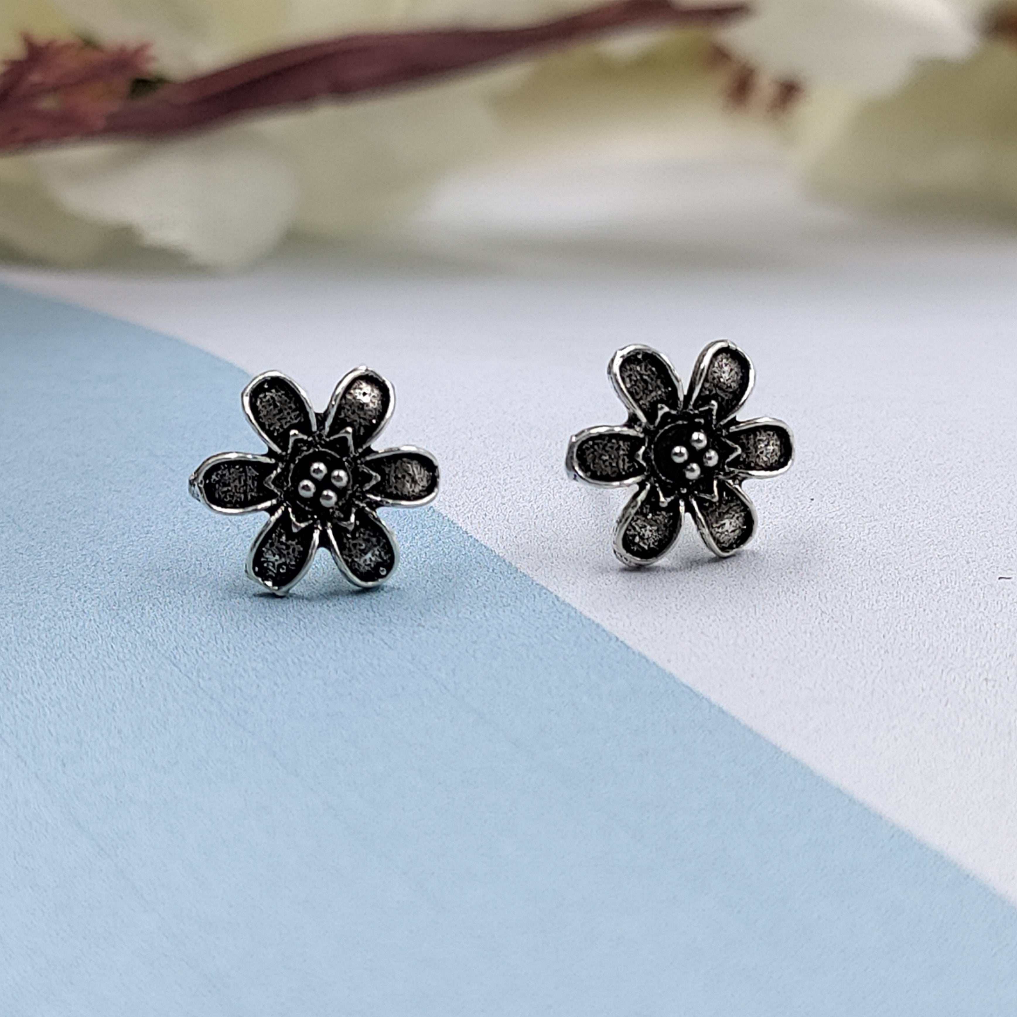 Silver Oxidised Vintage Blooming Flower Earrings Silver Flower Stud Earring Floral Jewelry Handmade Pushback Stud 925 Sterling Gift For her