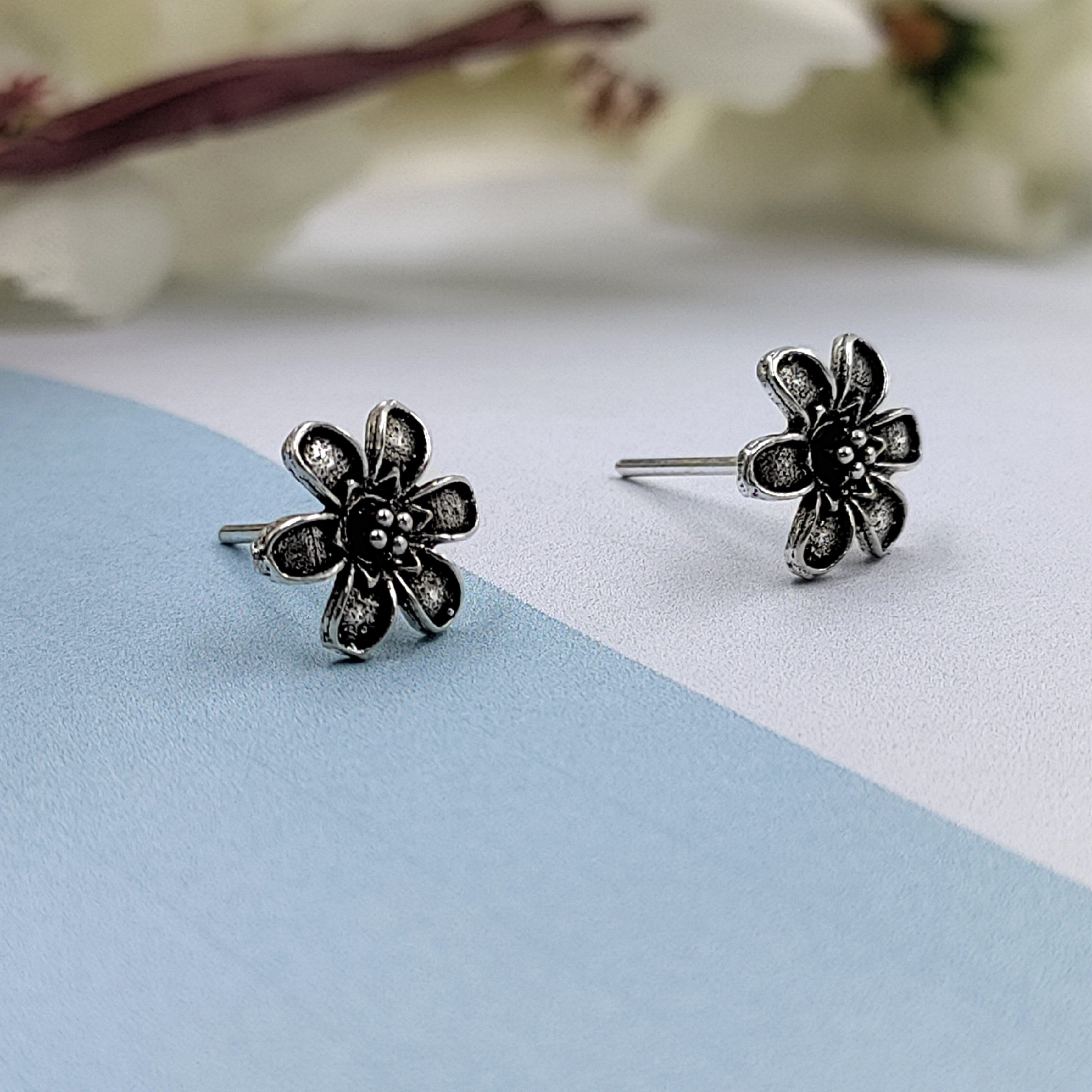 Silver Oxidised Vintage Blooming Flower Earrings Silver Flower Stud Earring Floral Jewelry Handmade Pushback Stud 925 Sterling Gift For her
