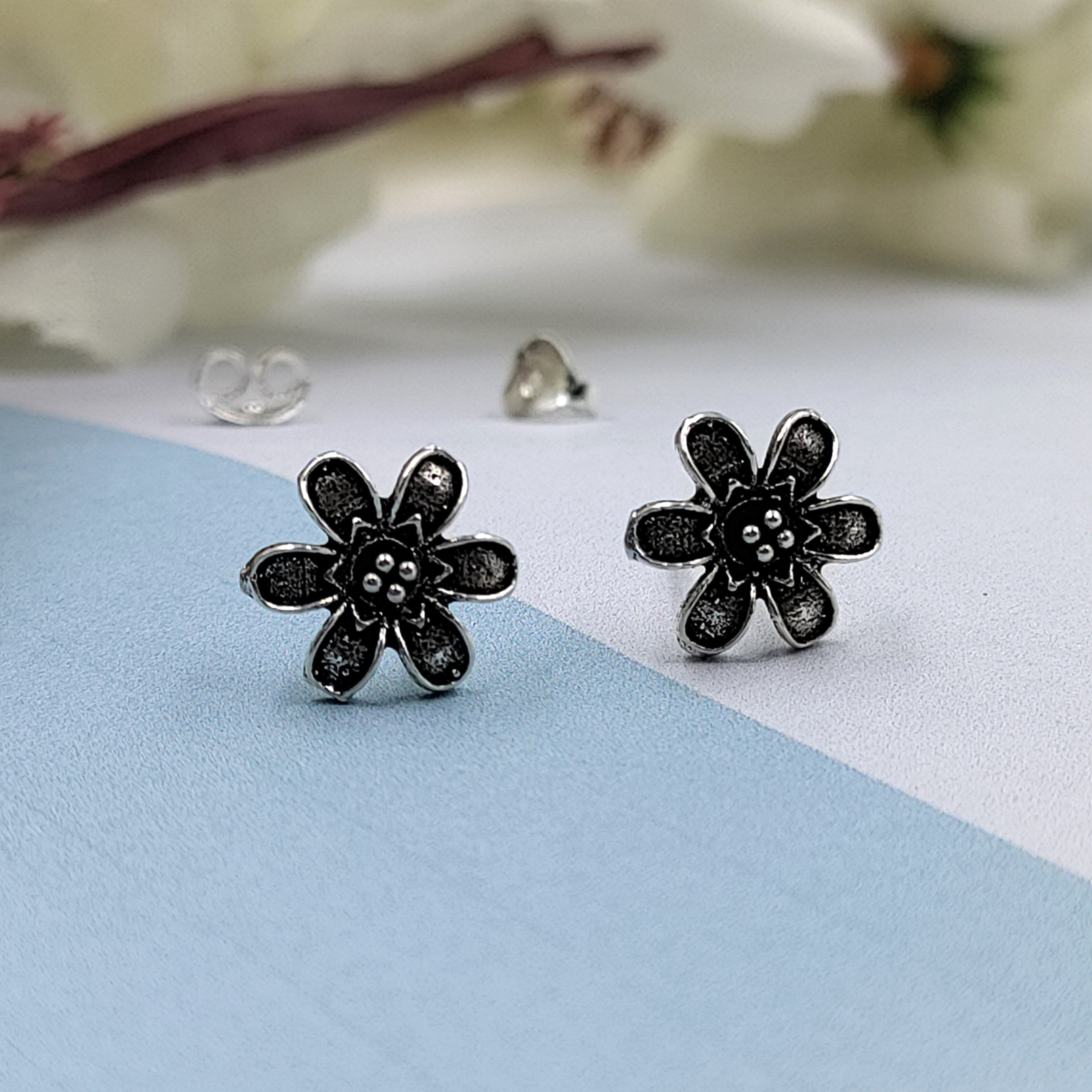 Silver Oxidised Vintage Blooming Flower Earrings Silver Flower Stud Earring Floral Jewelry Handmade Pushback Stud 925 Sterling Gift For her