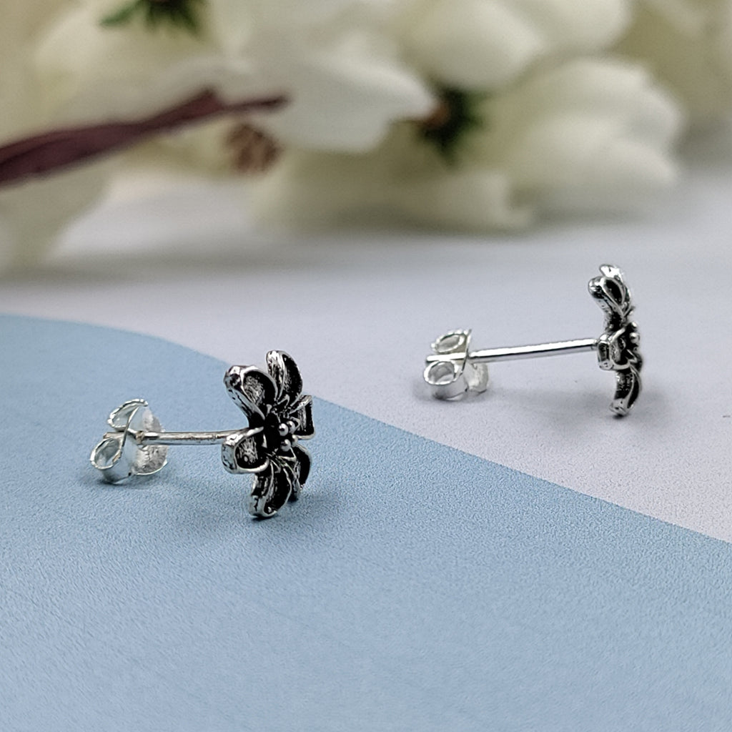 Silver Oxidised Vintage Blooming Flower Earrings 925 Sterling Gift For her