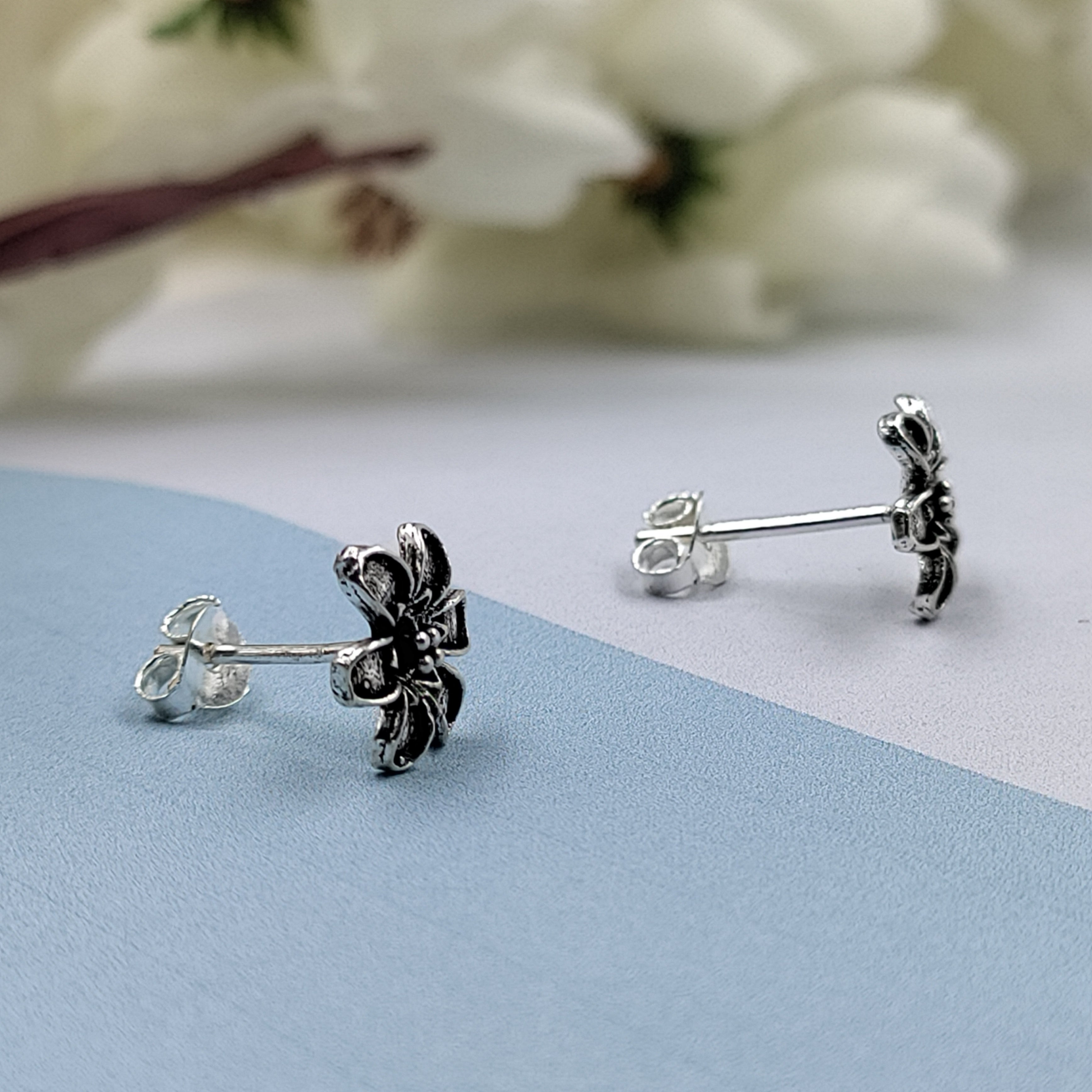 Silver Oxidised Vintage Blooming Flower Earrings Silver Flower Stud Earring Floral Jewelry Handmade Pushback Stud 925 Sterling Gift For her