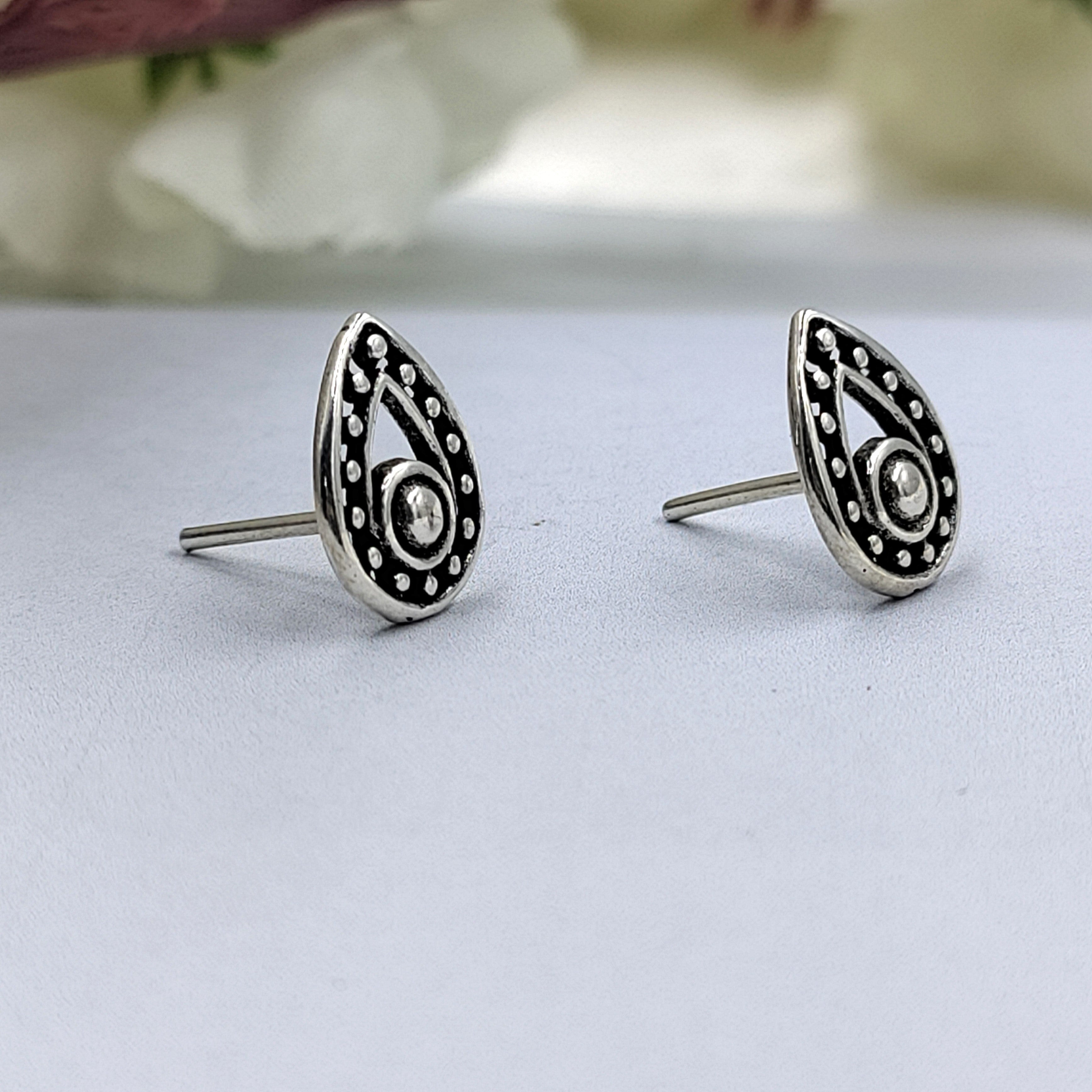 Silver Oxidised Classic Indian Traditional Antique Pear Shape Silver Earring Minimalist Handmade Pushback Stud 925 Sterling Gift for her