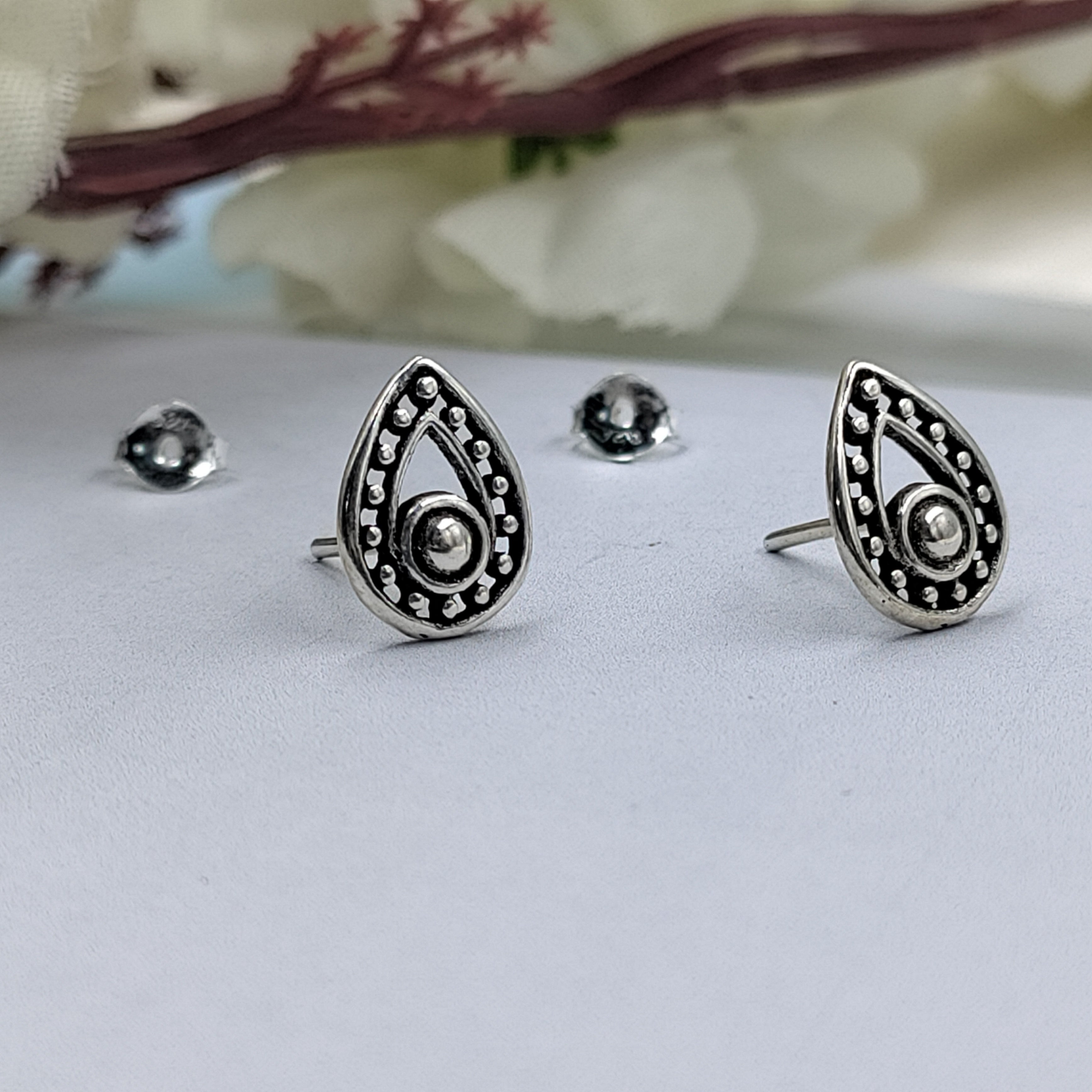 Silver Oxidised Classic Indian Traditional Antique Pear Shape Silver Earring Minimalist Handmade Pushback Stud 925 Sterling Gift for her