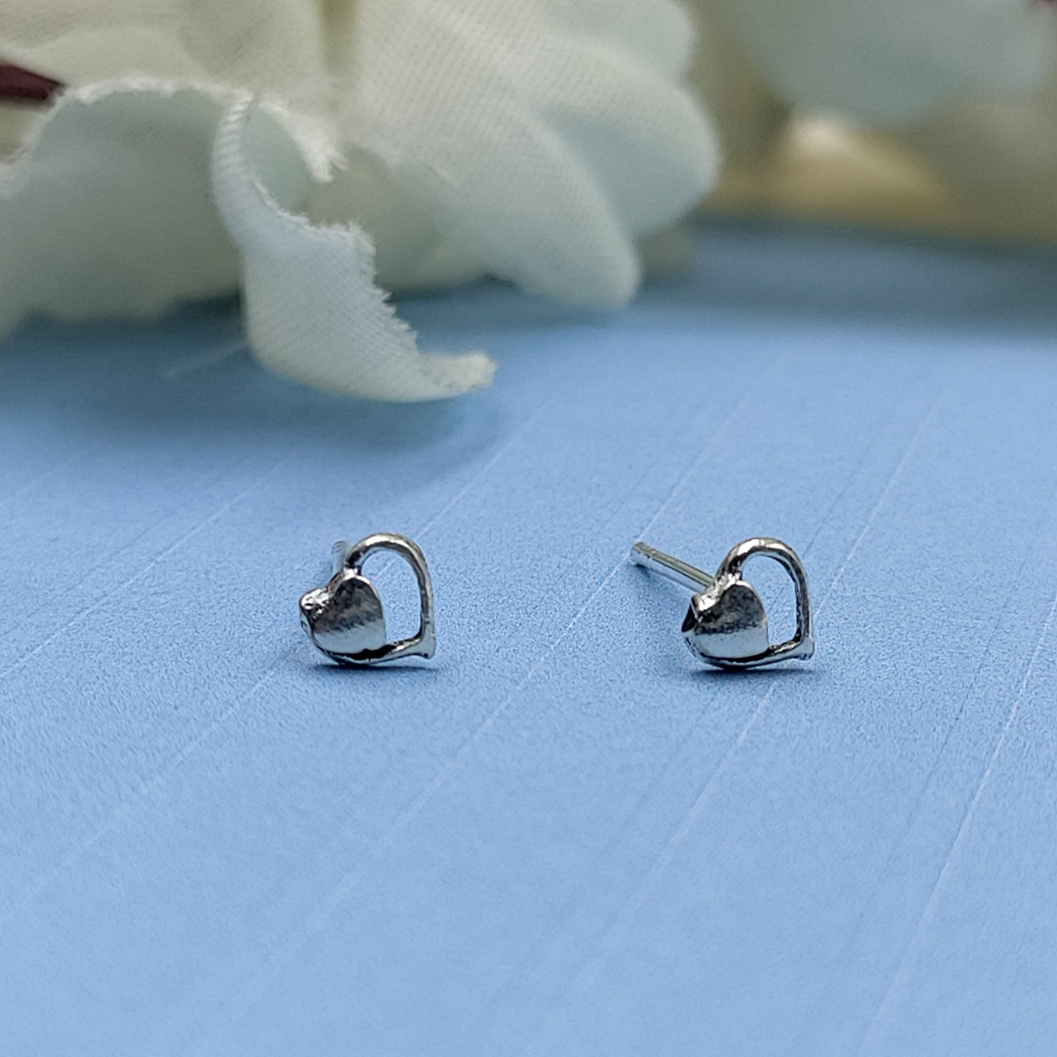 Tiny Heart Outline Stud Twin Heart Unisex Heart Shape Earring Studs  Sterling Silver 925