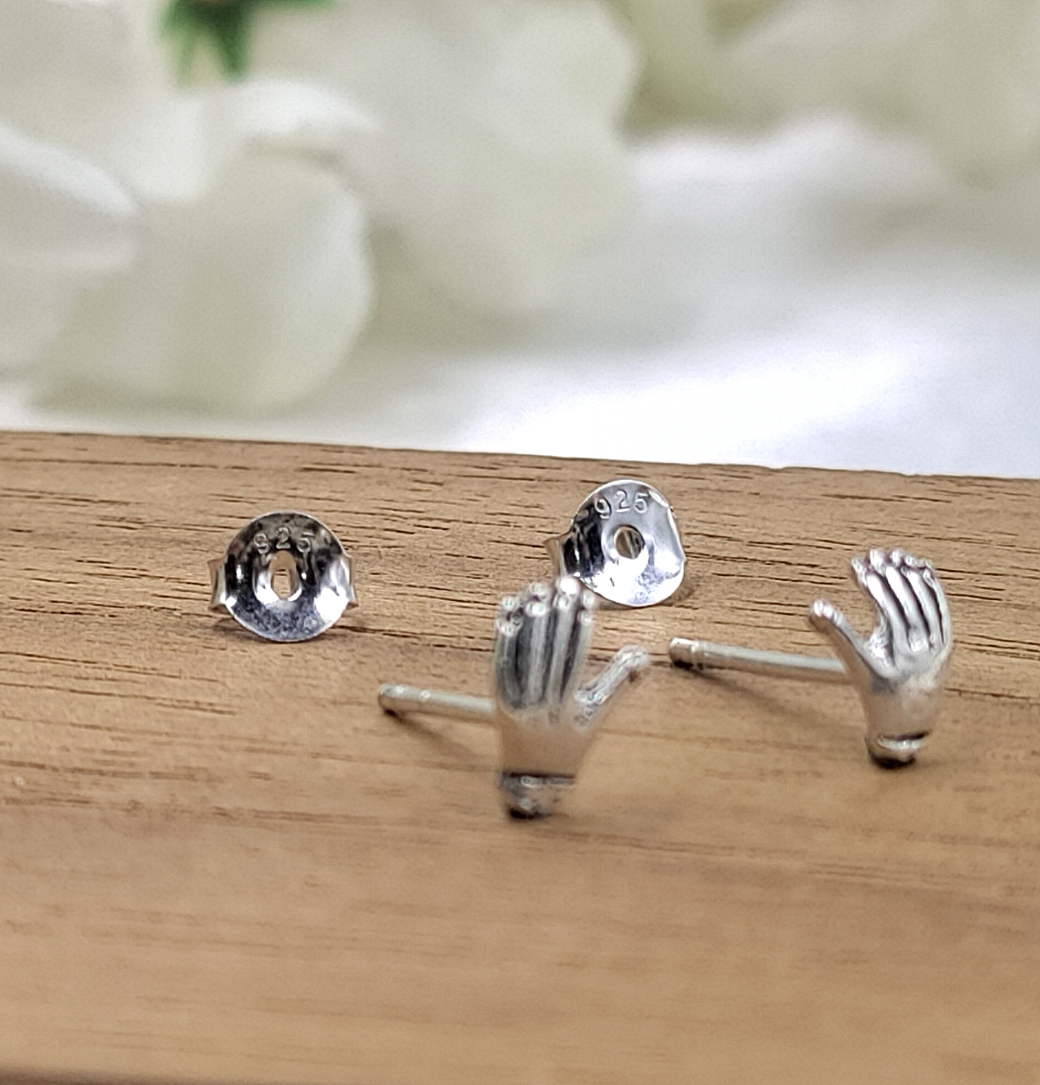 Solid Silver Hand Sign Stud Earring Baby Hand Sign Jewelry Minimalist Handmade Baby Jewellry Stud Pushback 925 Sterling Cute Gift