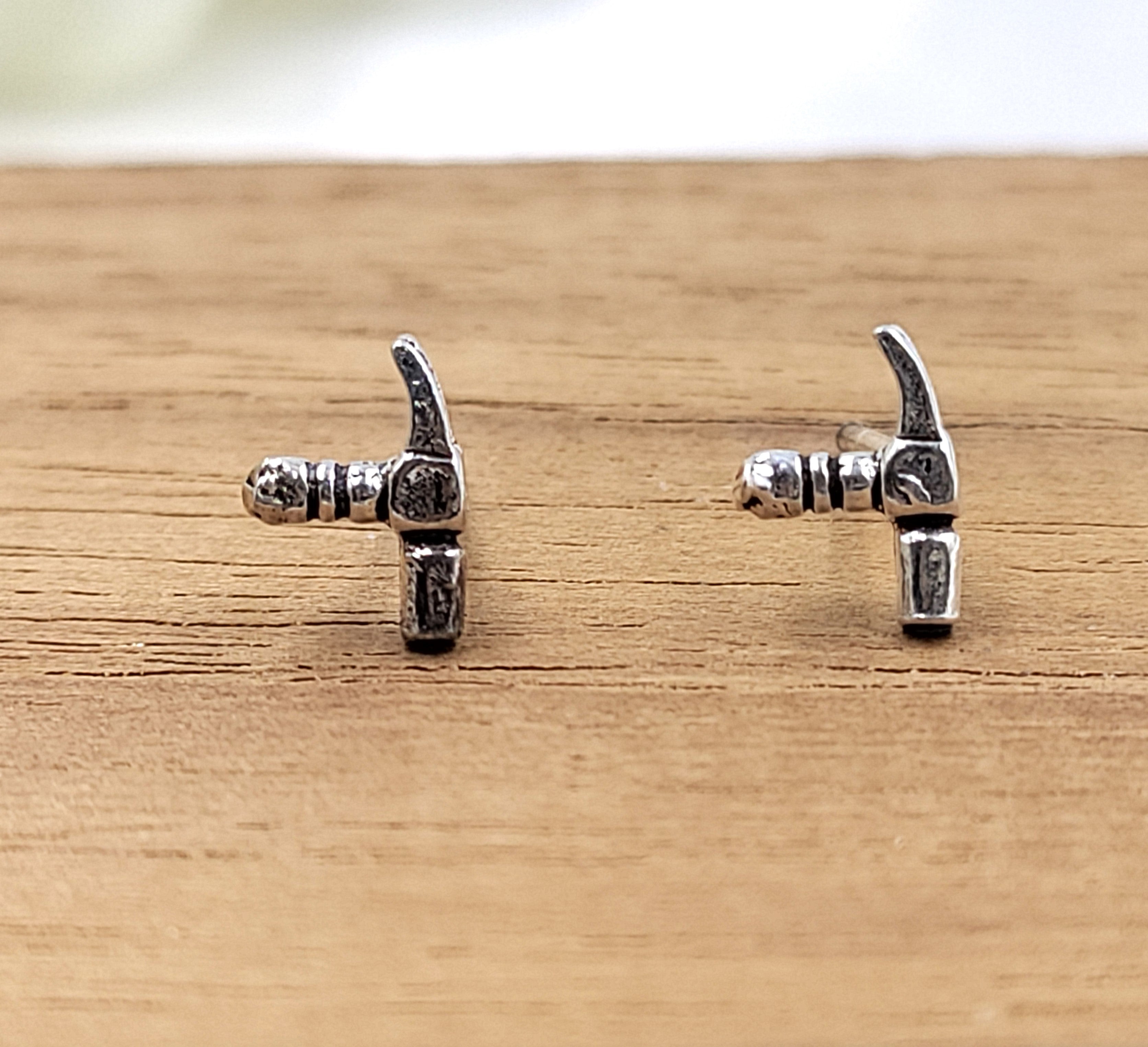 Silver Hammer Studs Earrings Cute Mechanic Gift boho Funky Earrings for women Minimalist Handmade Gift Studs with Pushback 925 Sterling