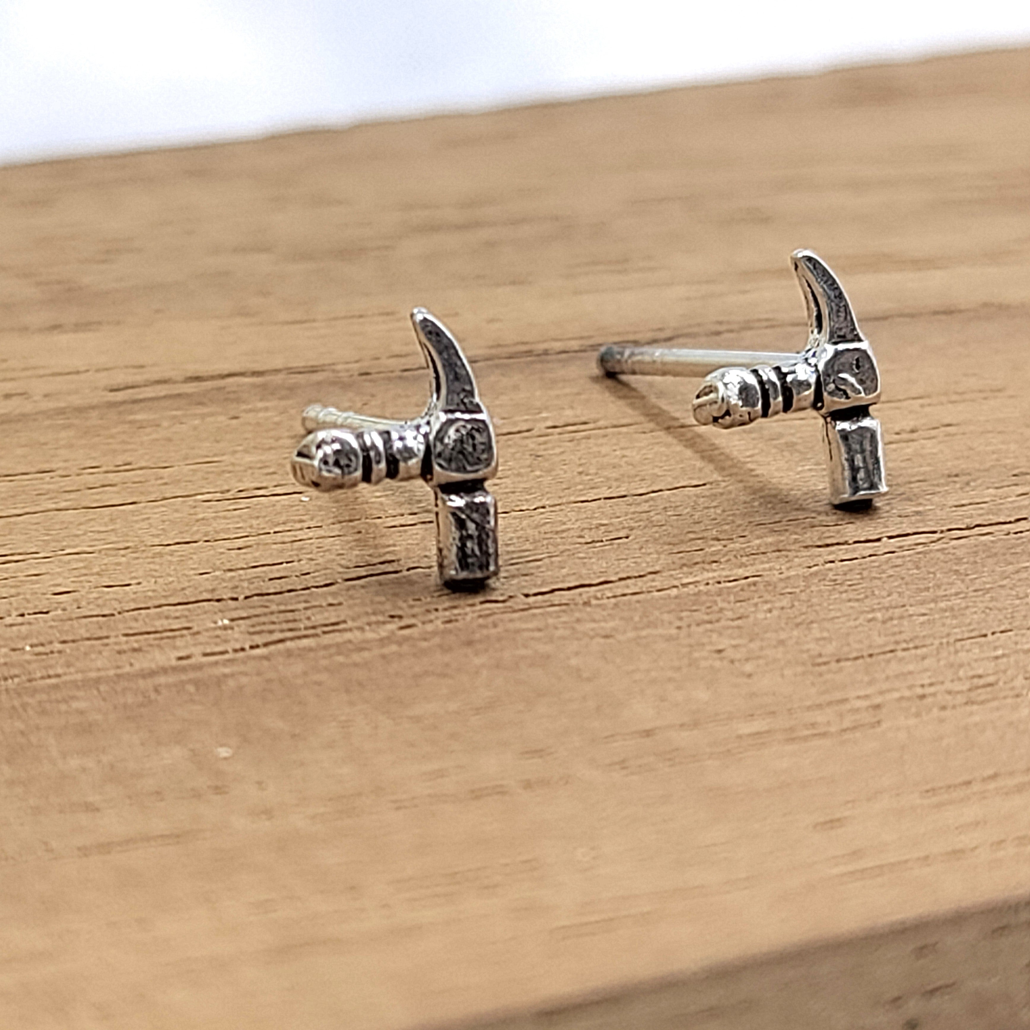 Silver Hammer Studs Earrings Cute Mechanic Gift boho Funky Earrings for women Minimalist Handmade Gift Studs with Pushback 925 Sterling