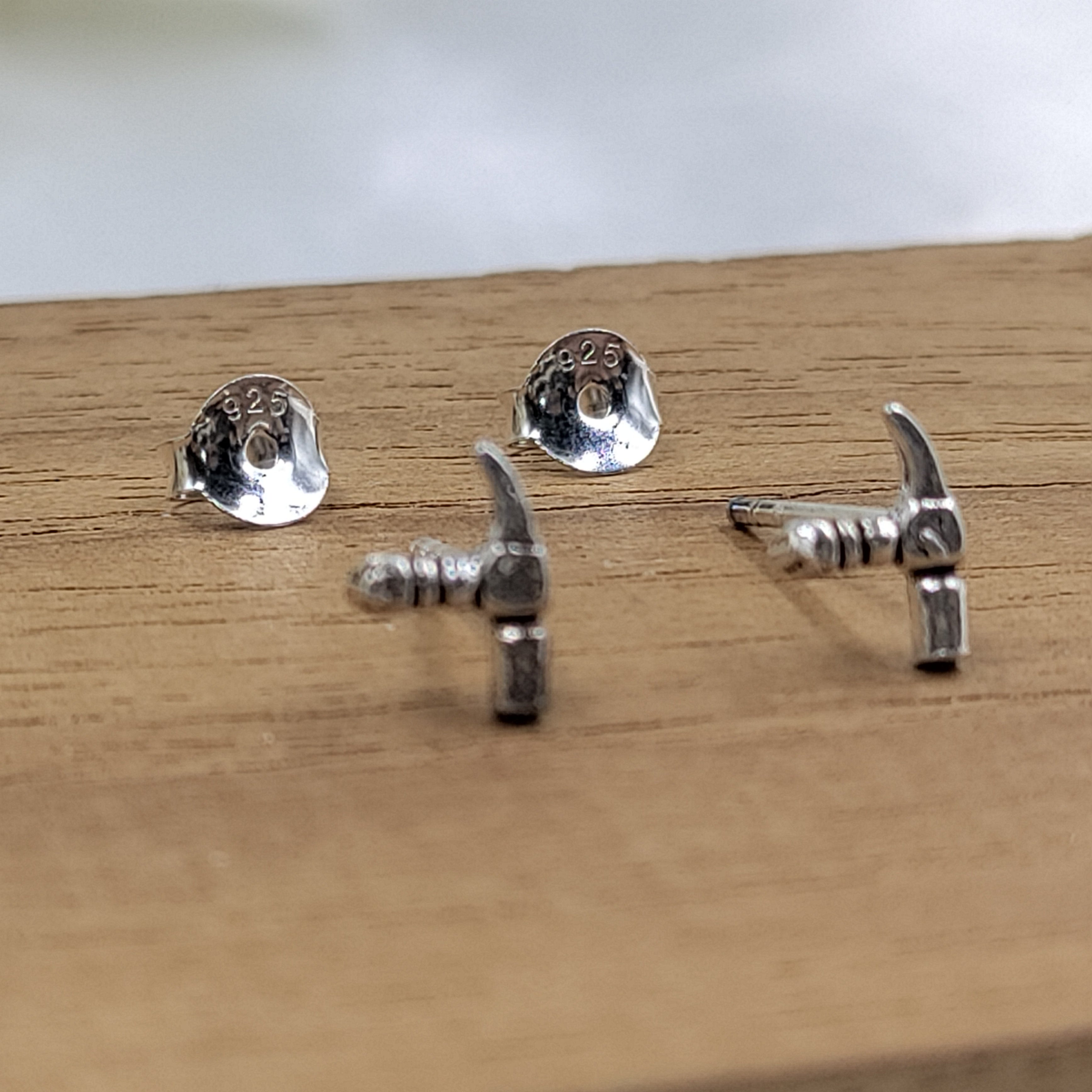Silver Hammer Studs Earrings Cute Mechanic Gift boho Funky Earrings for women Minimalist Handmade Gift Studs with Pushback 925 Sterling