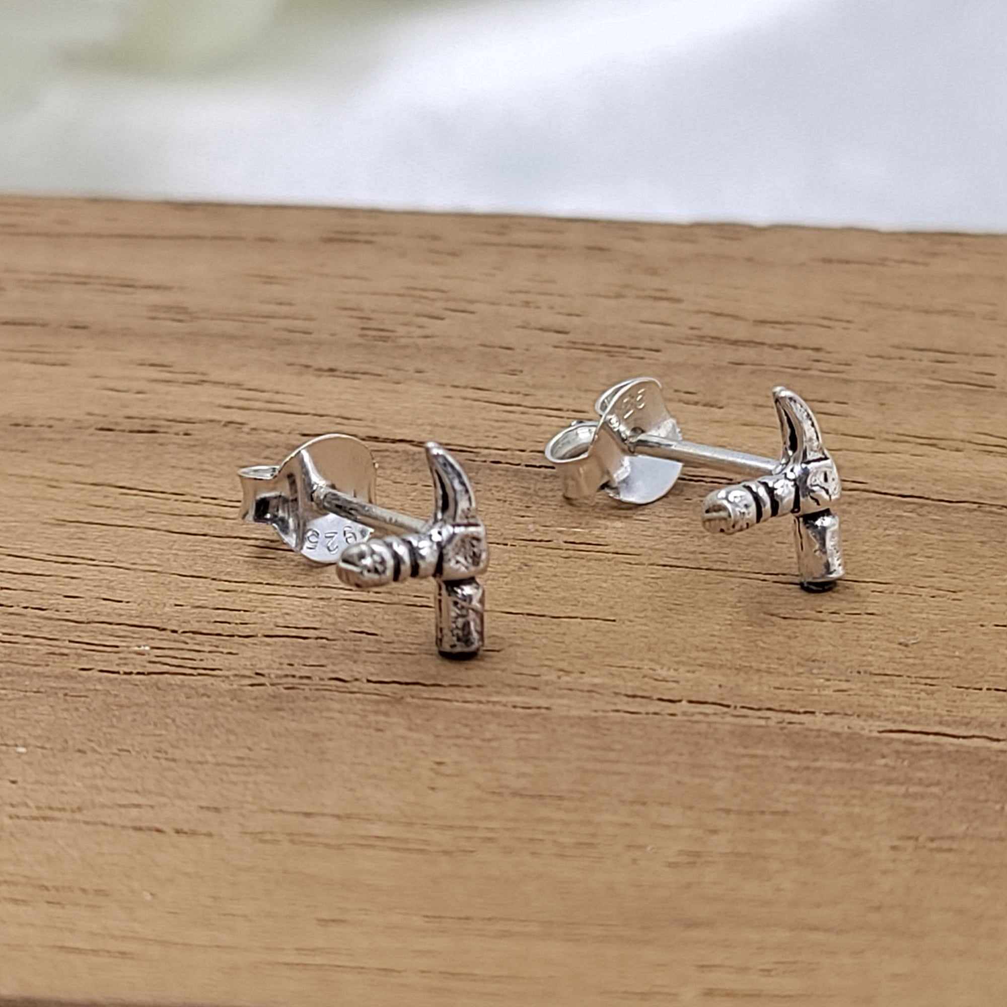 Silver Hammer Studs Earrings Cute Mechanic Gift boho Funky Earrings for women Minimalist Handmade Gift Studs with Pushback 925 Sterling