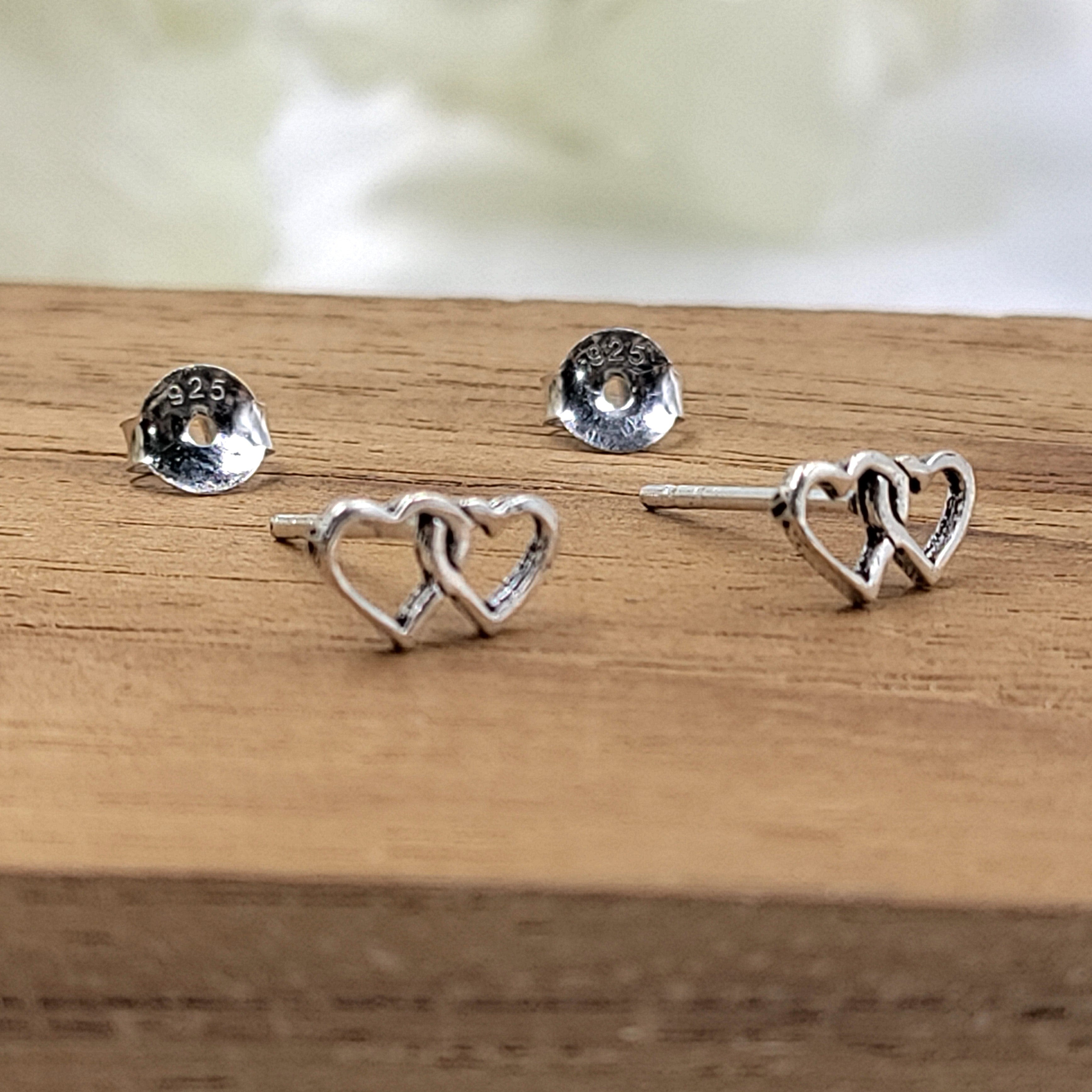 Double Heart Earring Two Heart Stud Romantic Girlfriend Gift Twin Heart Little Ear Stud Minimalist Handmade Stud Pushback 925 Solid Silver