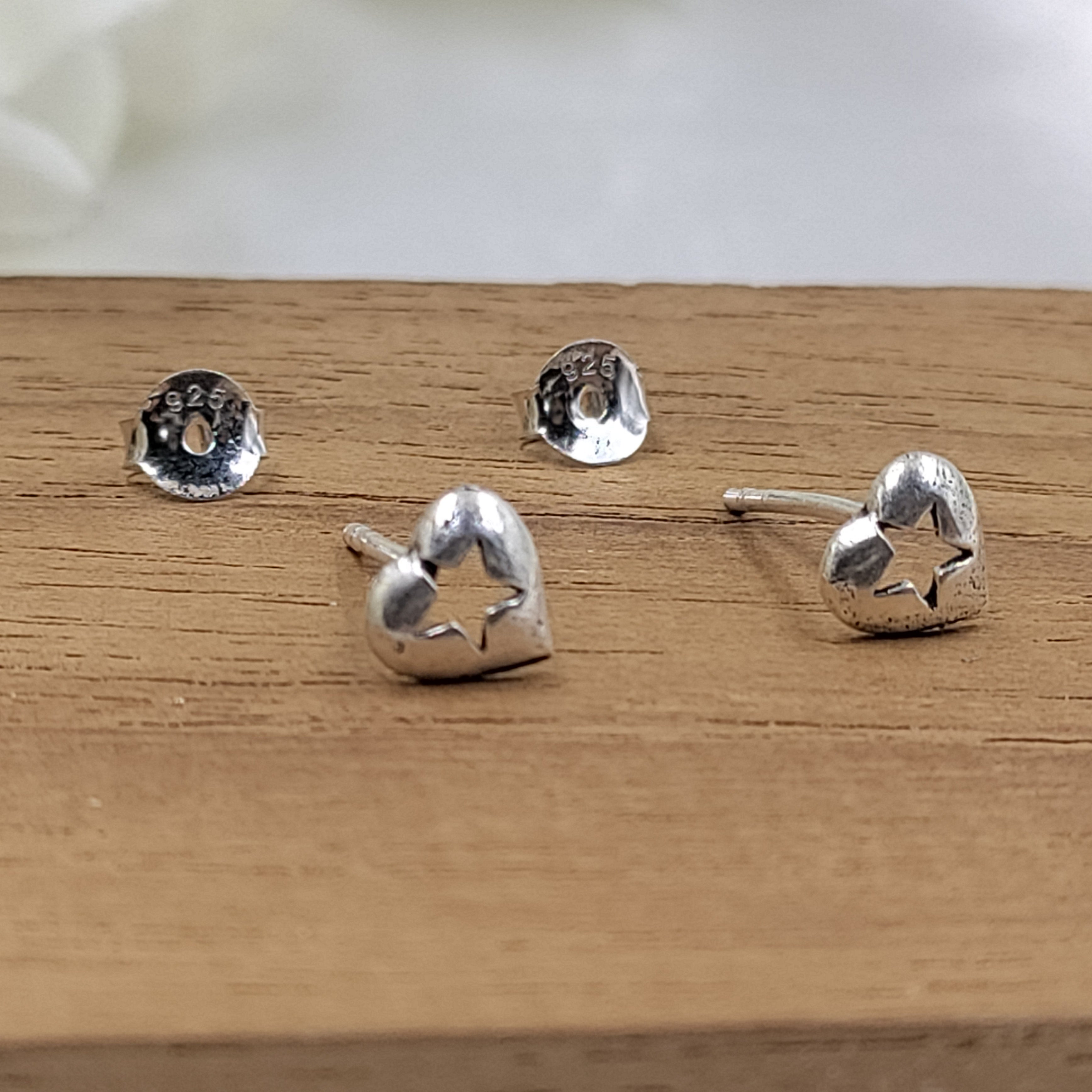 Star in the Heart Earring Heart Shaped Stud Earrings Romantic Girlfriend Gift Little Ear Stud Handmade Stud with Pushback 925 Solid Silver