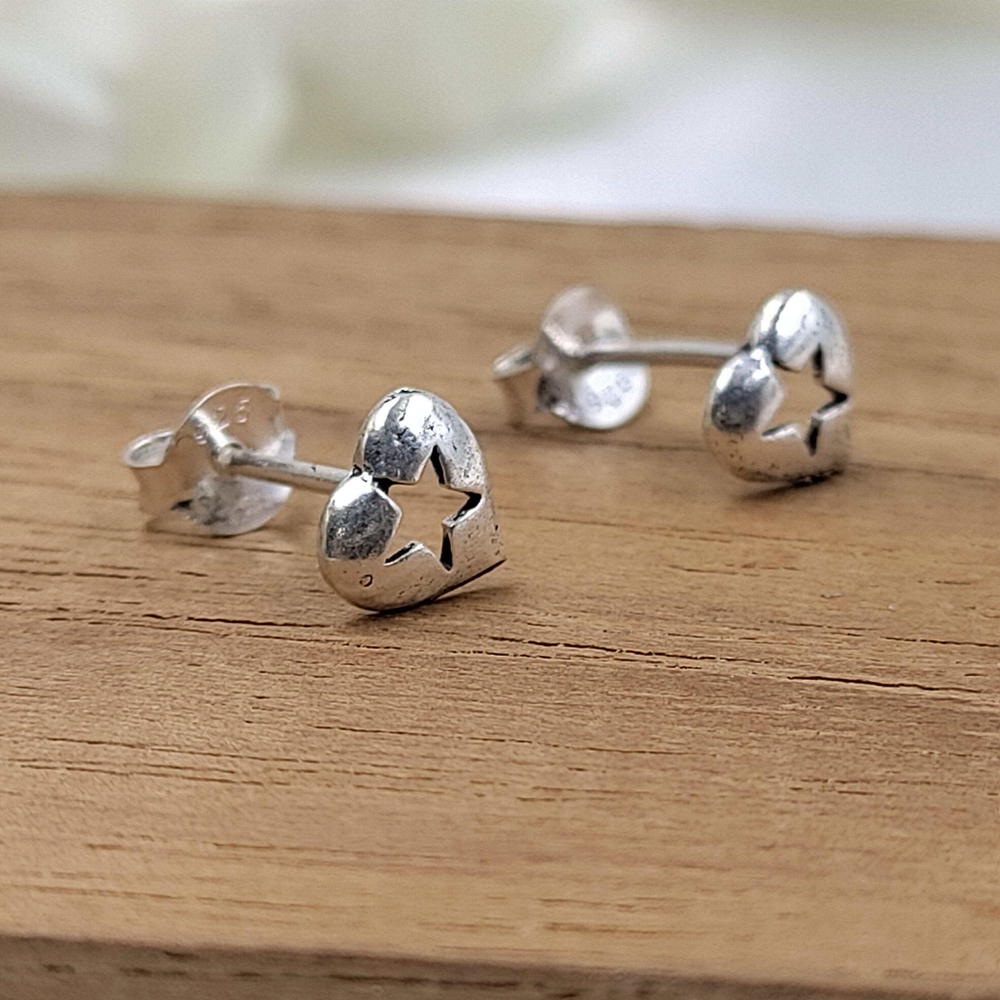 Star in the Heart Earring Heart Shaped Stud Earrings Romantic Girlfriend Gift Little Ear Stud Handmade Stud with Pushback 925 Solid Silver