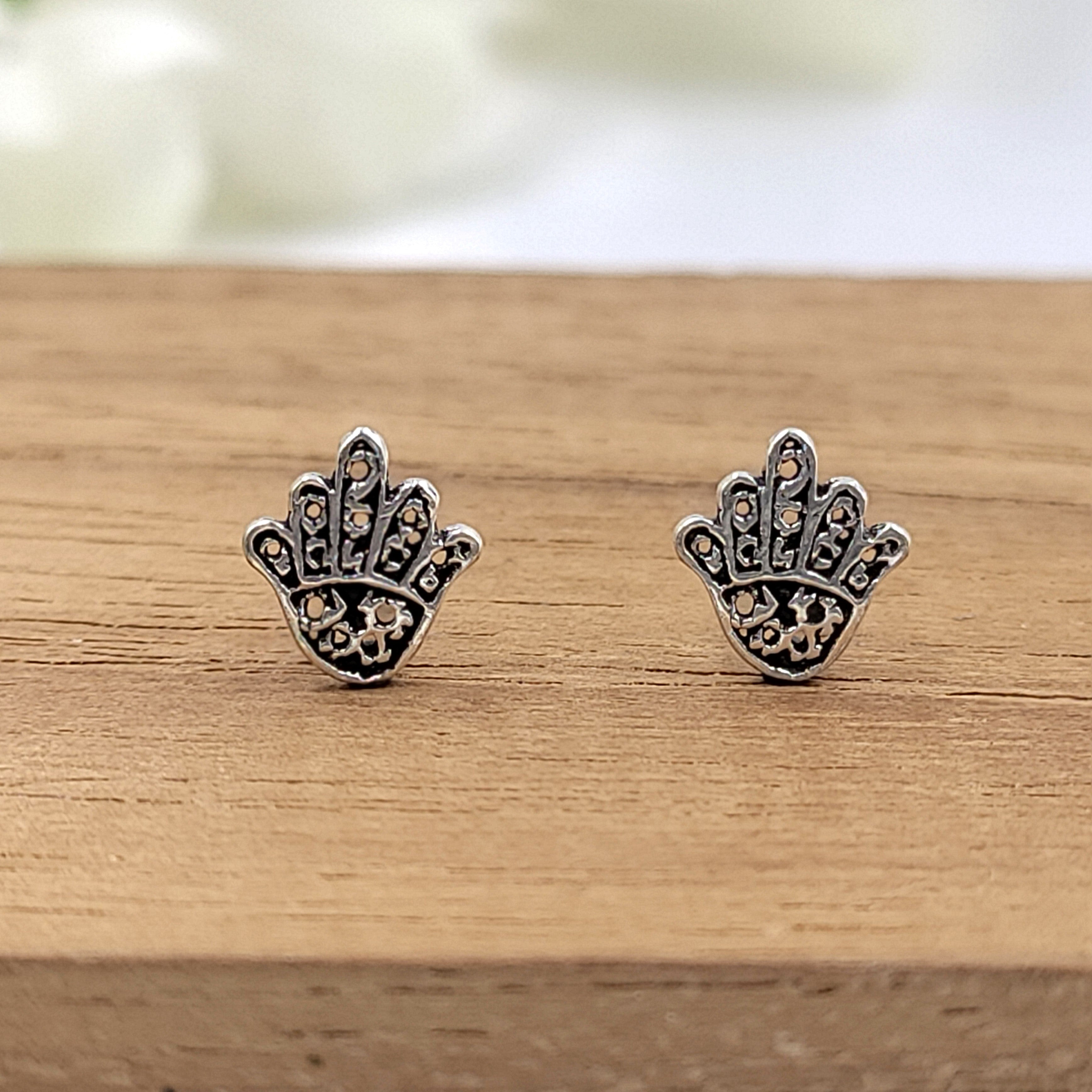 925 Silver Oxidised Hamsa Stud Tiny Stud Earrings Quirky Minimalist Handmade Gift