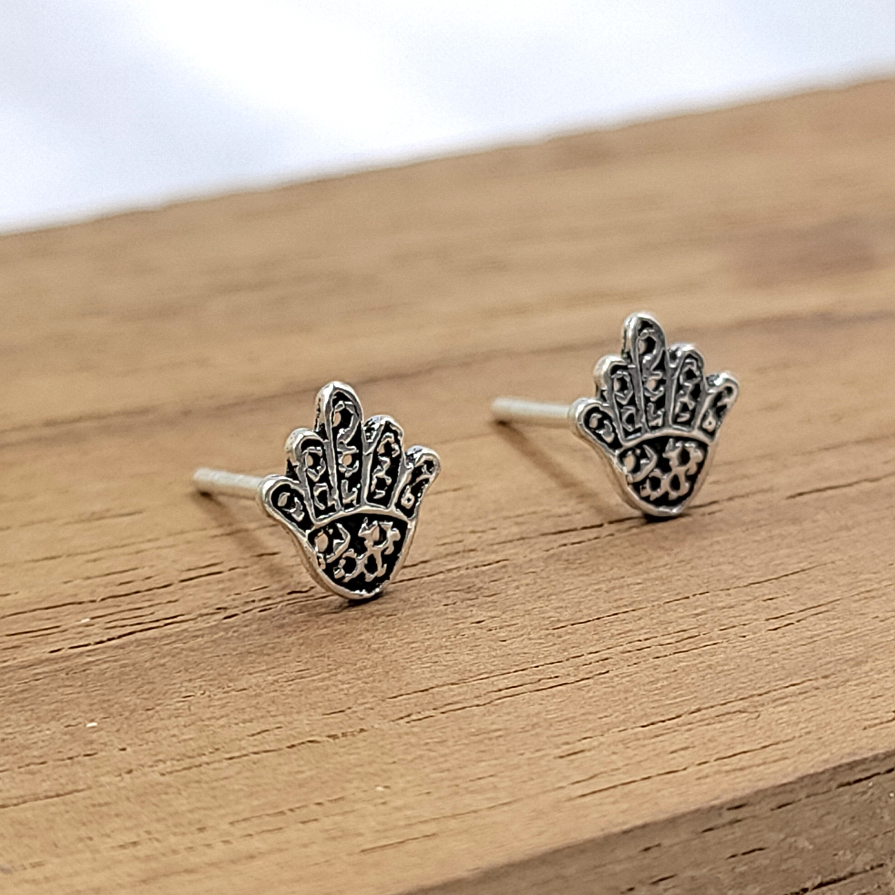 925 Silver Oxidised Hamsa Stud Tiny Stud Earrings Quirky Minimalist Handmade Gift