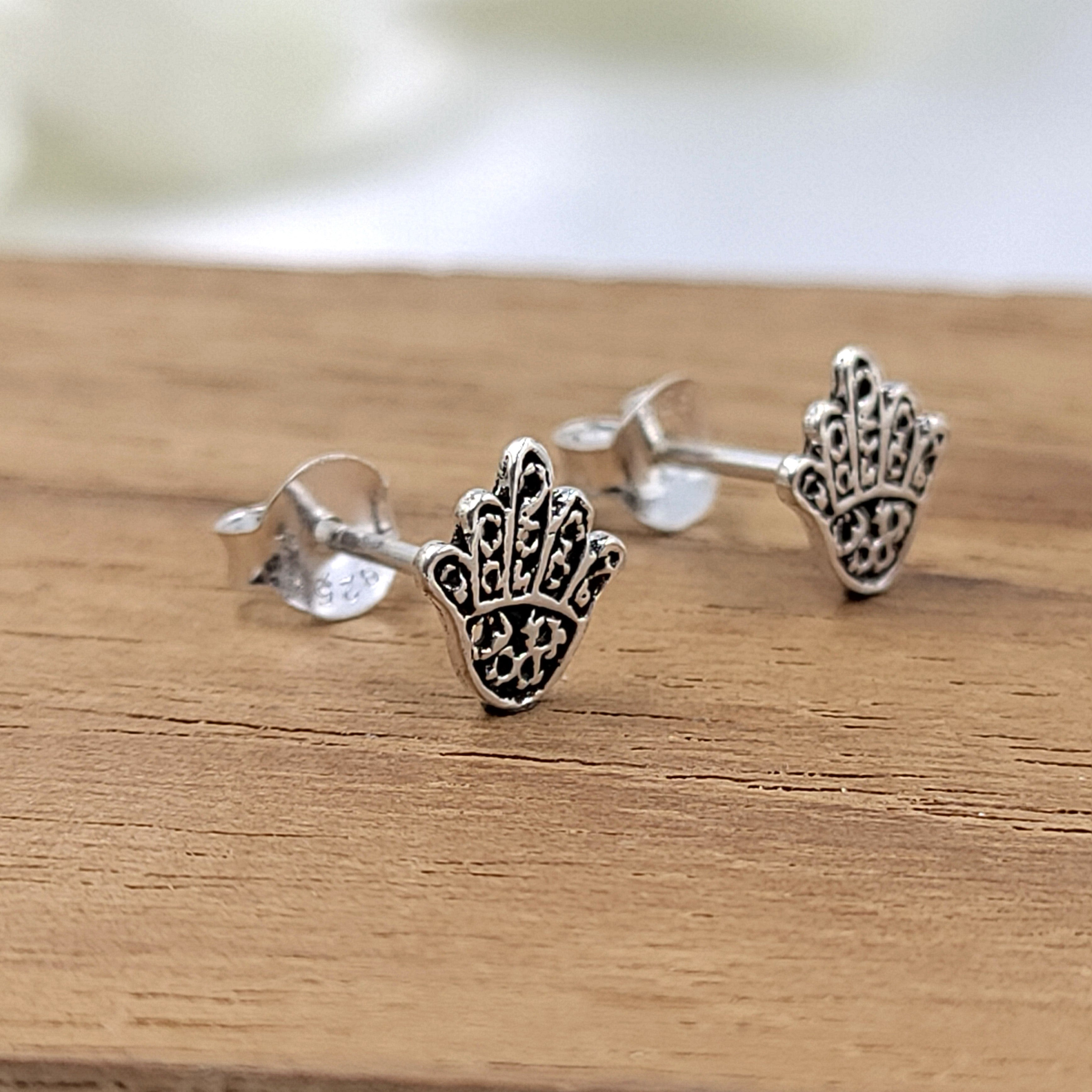 925 Silver Oxidised Hamsa Stud Tiny Stud Earrings Quirky Minimalist Handmade Gift