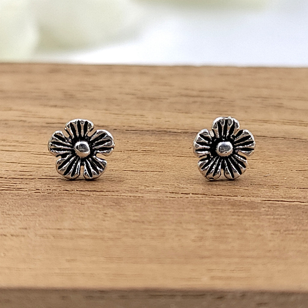 Silver Oxidized Vintage Flower Stud Earring 925 Sterling Gift For Baby Girl